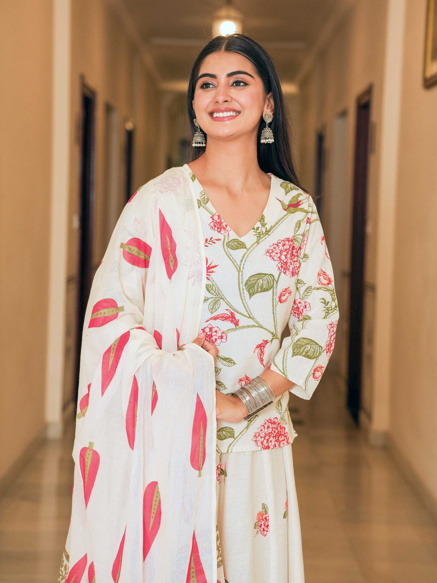 Linen Cotton Floral Straight Off White Kurta