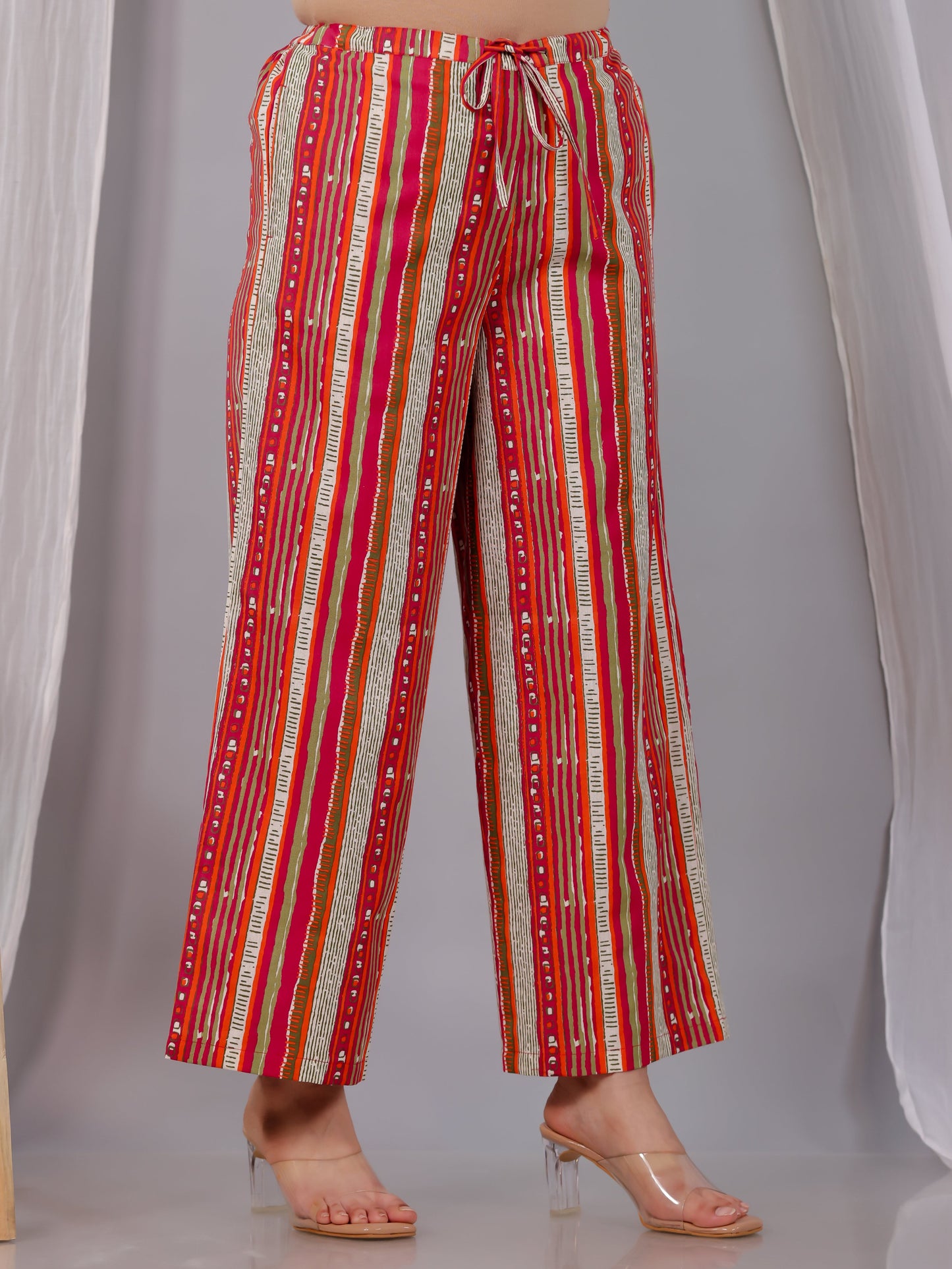 Linen Cotton Striped Multicolor Straight Straight Trousers
