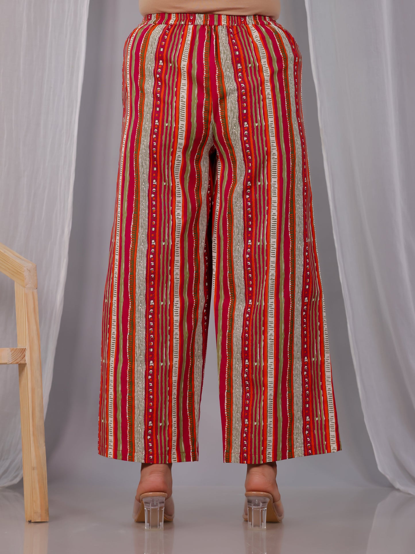 Linen Cotton Striped Multicolor Straight Straight Trousers
