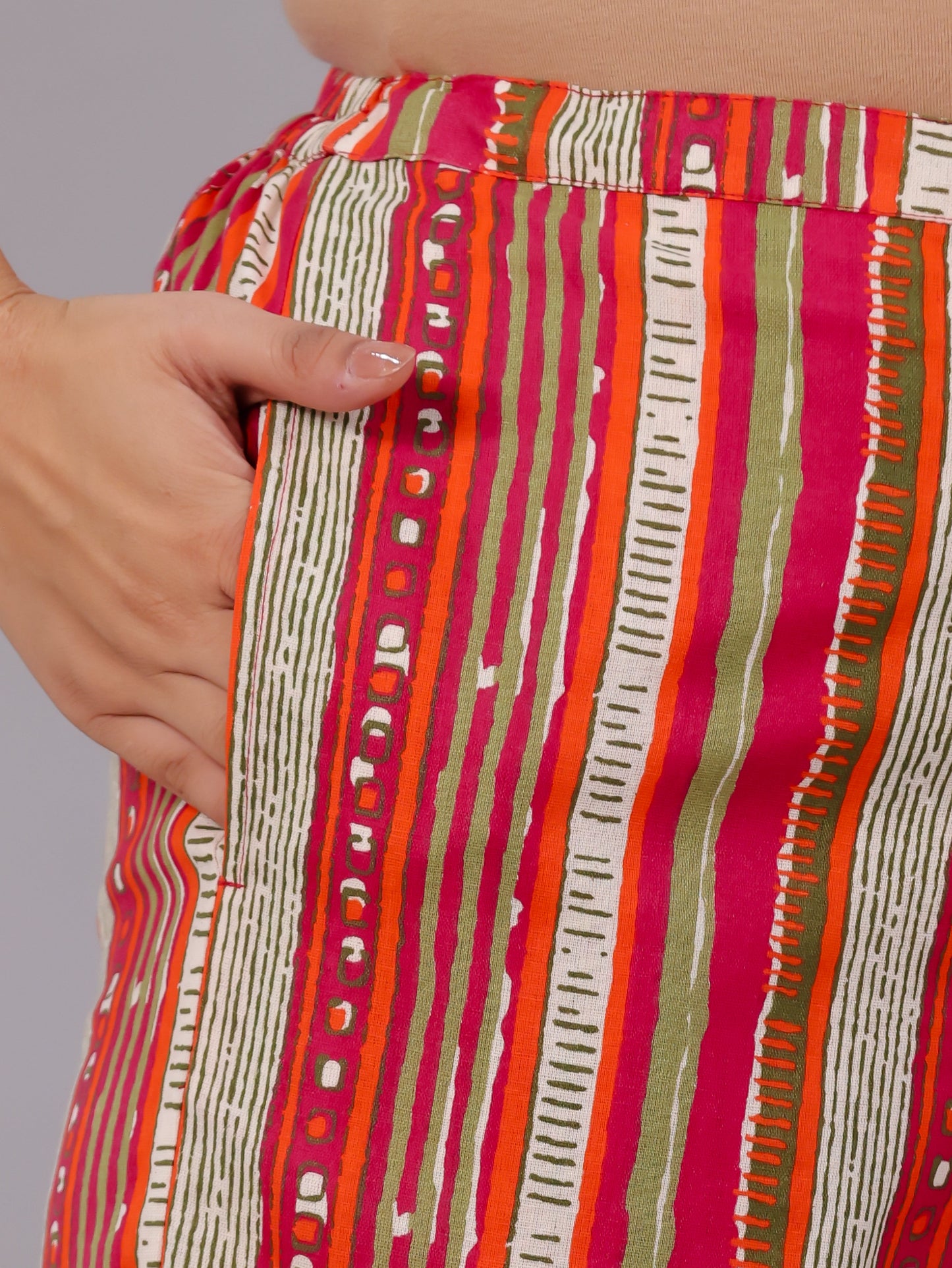 Linen Cotton Striped Multicolor Straight Straight Trousers