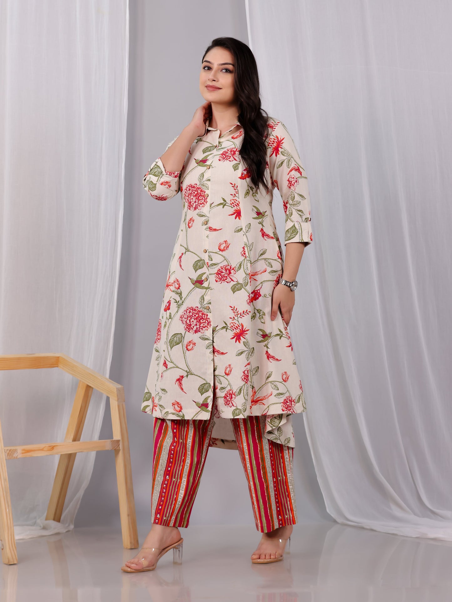 Linen Cotton Floral High Low Off White Kurta