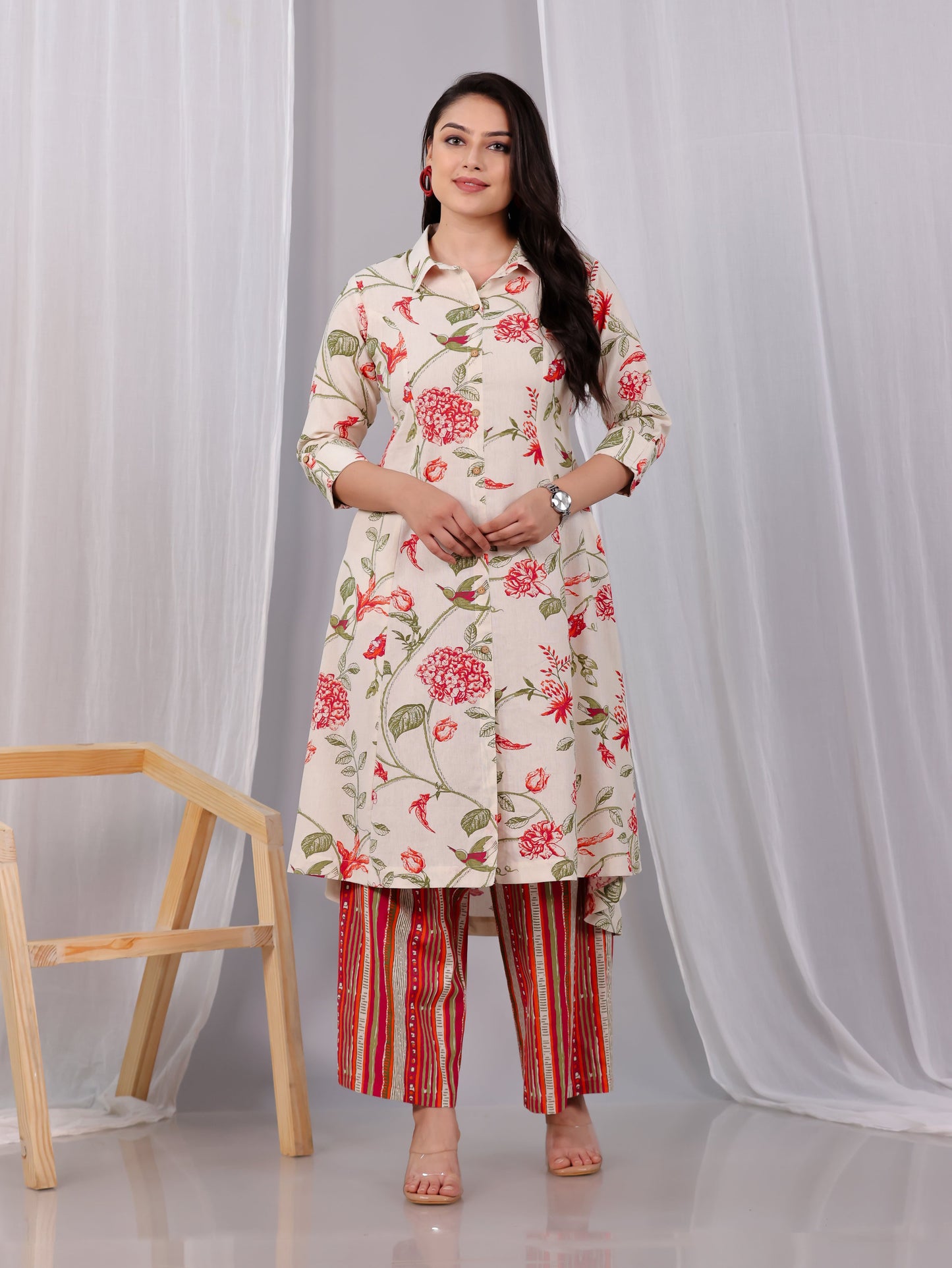 Linen Cotton Floral High Low Off White Kurta