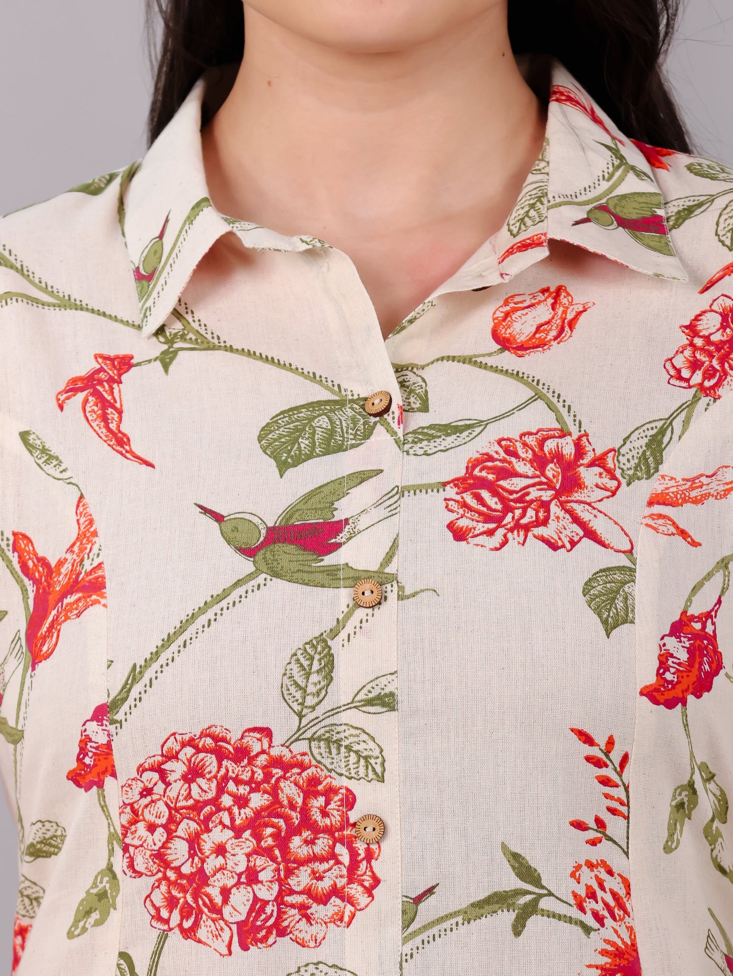 Linen Cotton Floral High Low Off White Kurta