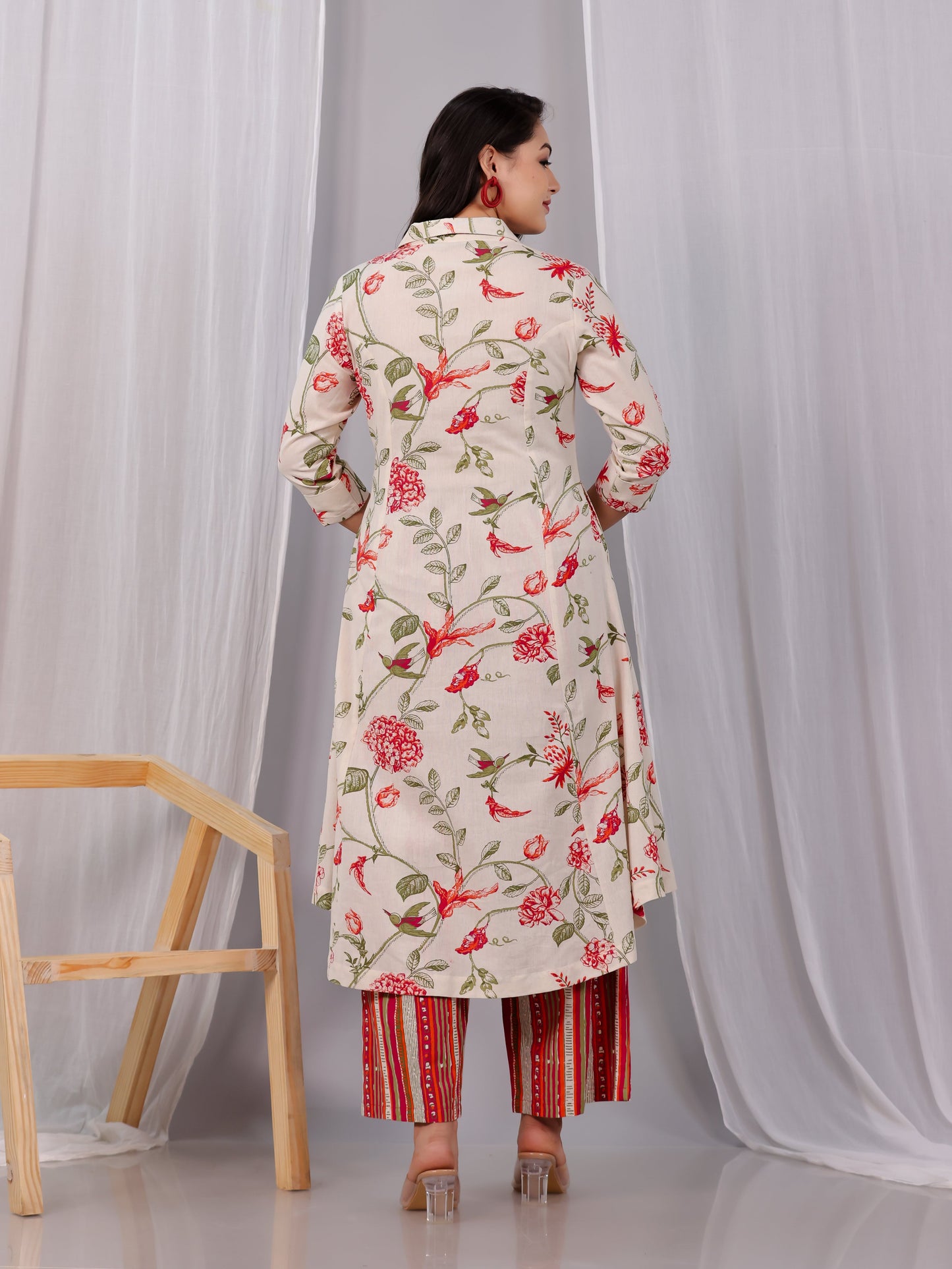 Linen Cotton Floral High Low Off White Kurta