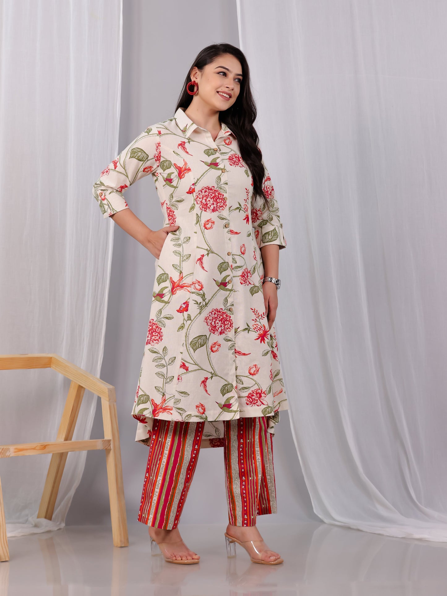 Linen Cotton Floral High Low Off White Kurta