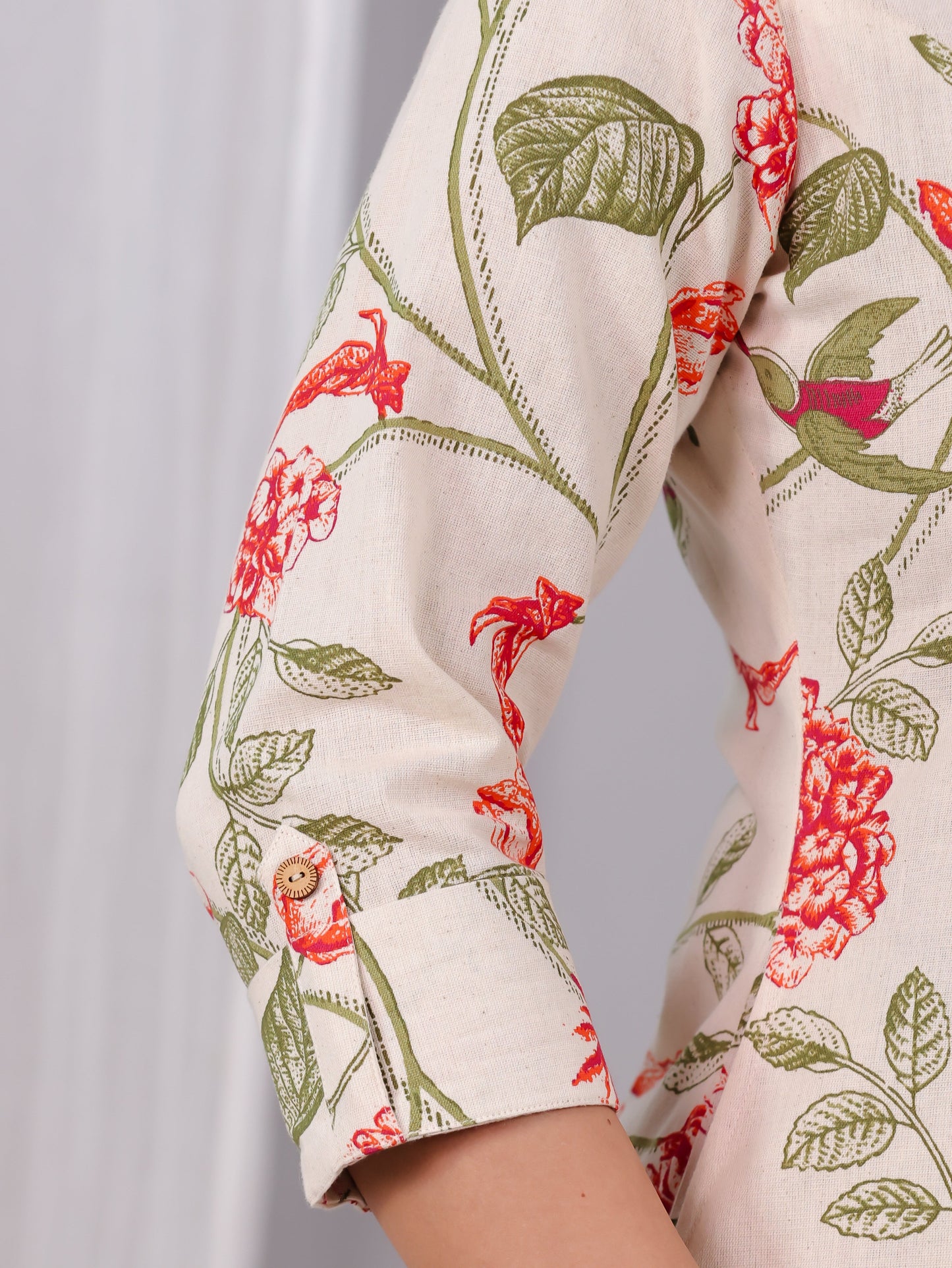 Linen Cotton Floral High Low Off White Kurta