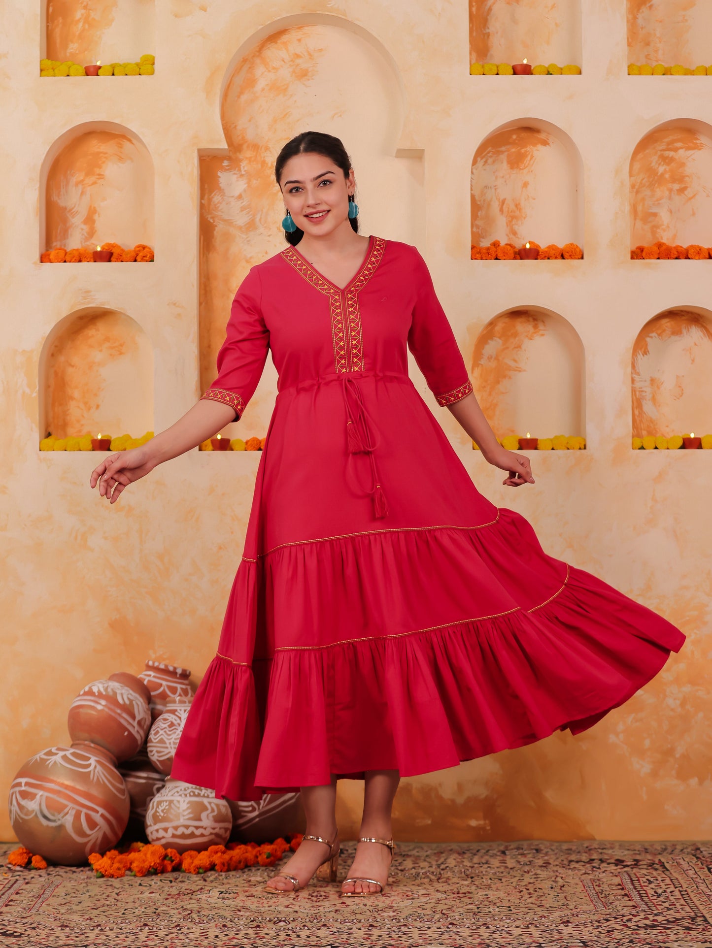 Embroidered Linen Cotton Solid Anarkali Coral Dress
