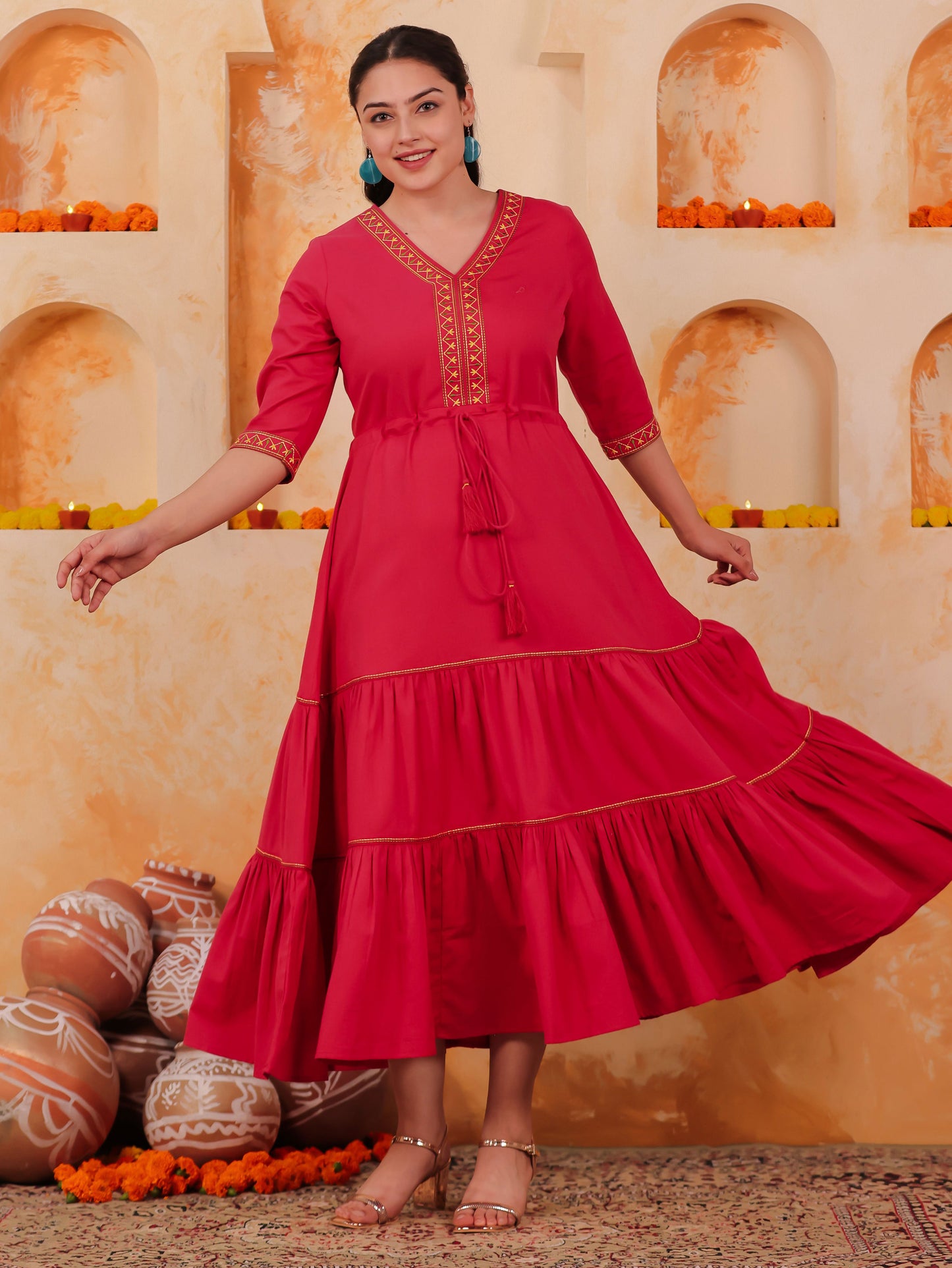 Embroidered Linen Cotton Solid Anarkali Coral Dress