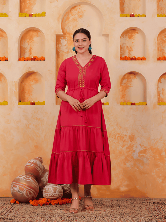 Embroidered Linen Cotton Solid Anarkali Coral Dress