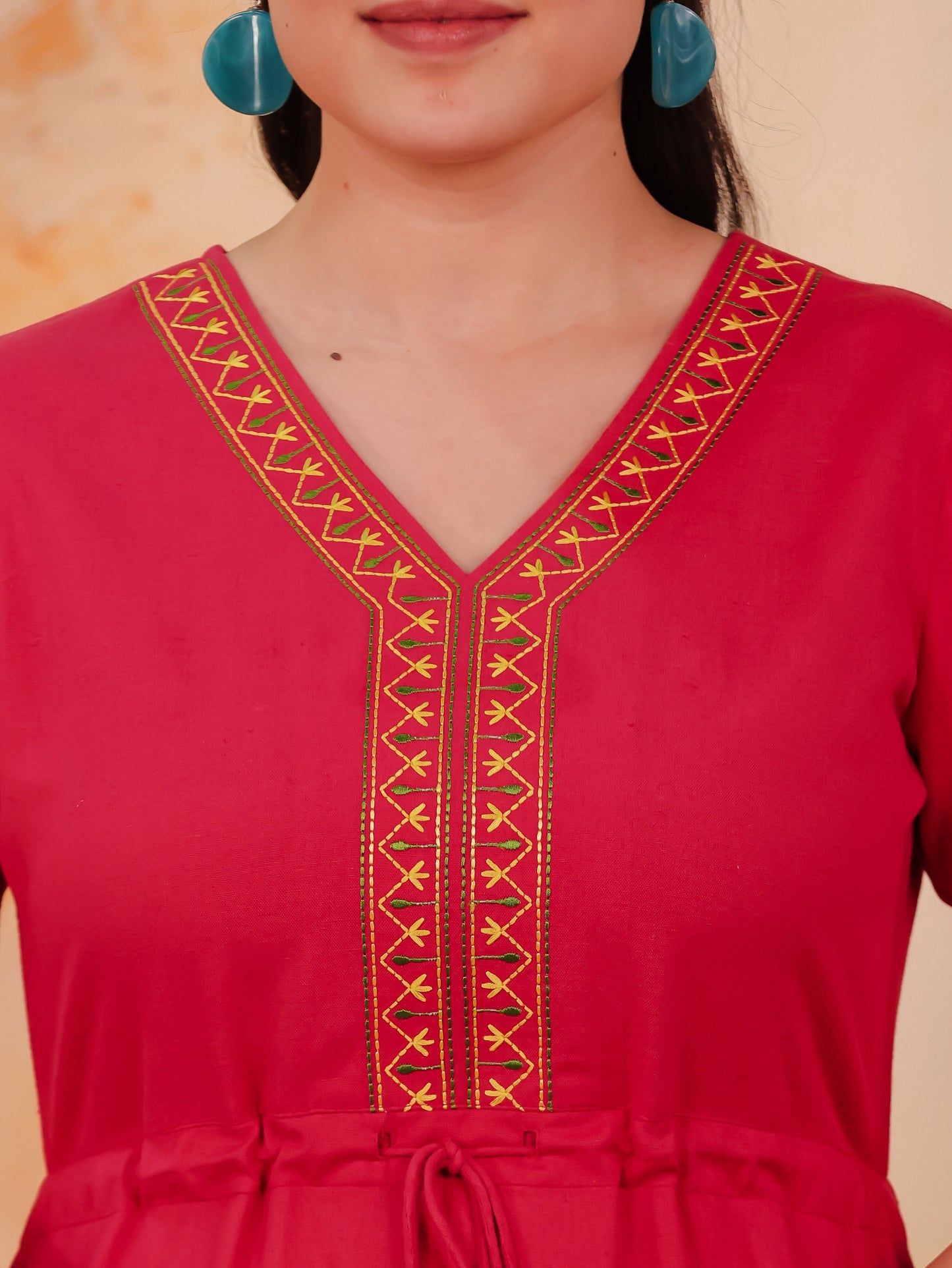 Embroidered Linen Cotton Solid Anarkali Coral Dress