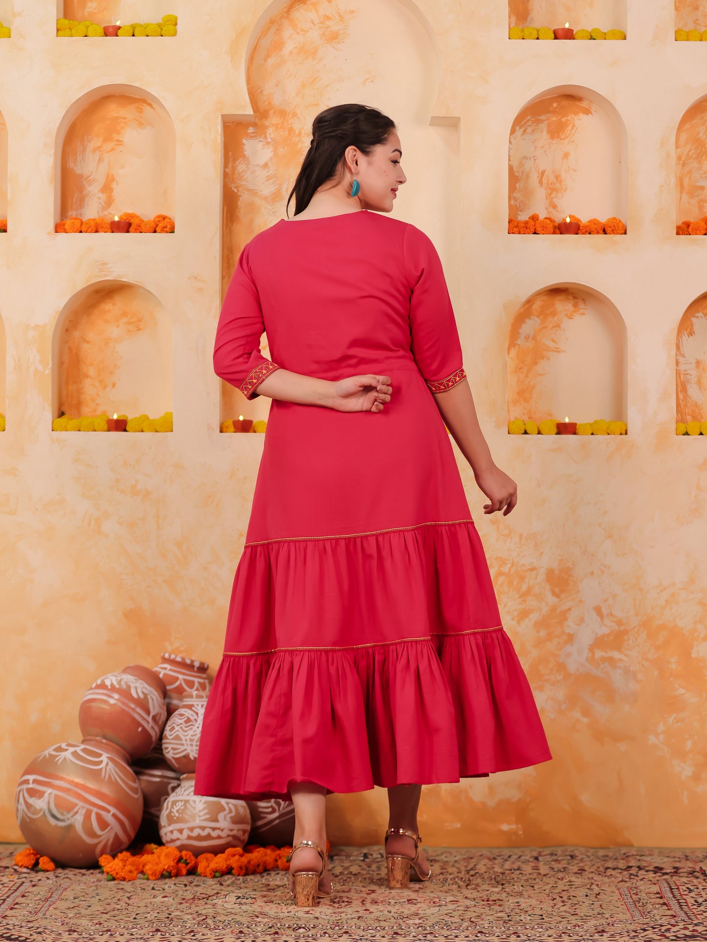 Embroidered Linen Cotton Solid Anarkali Coral Dress