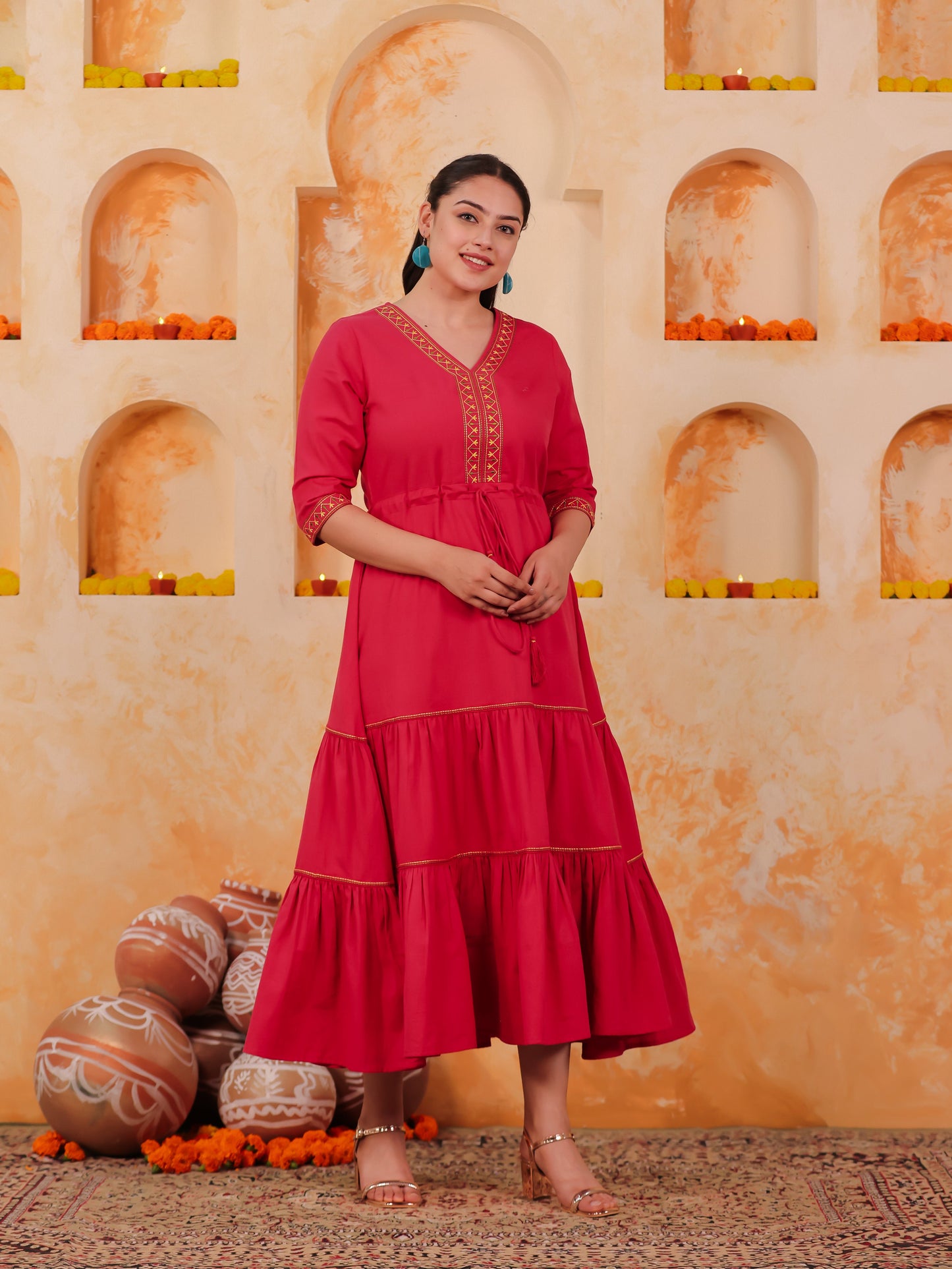 Embroidered Linen Cotton Solid Anarkali Coral Dress