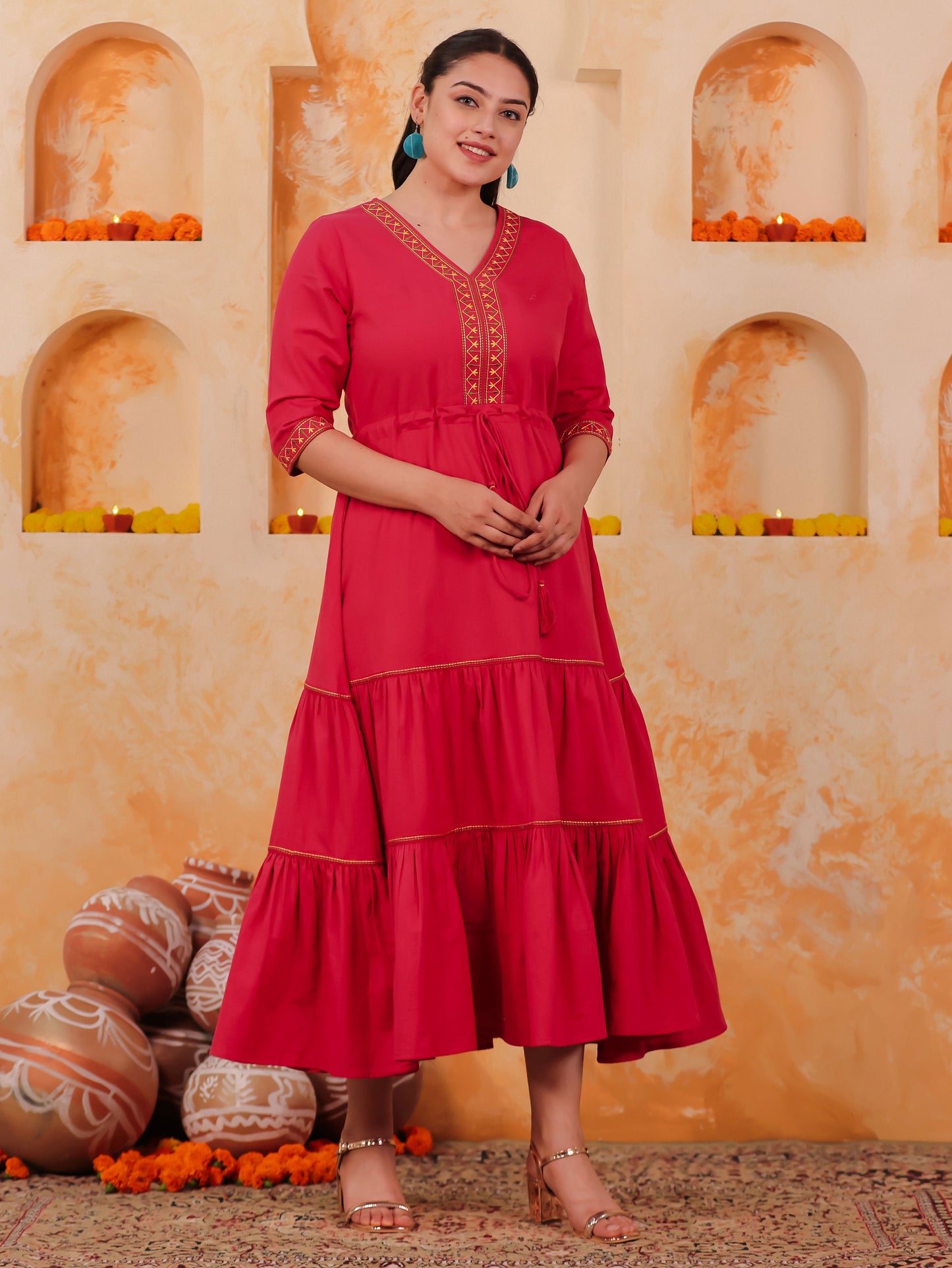 Embroidered Linen Cotton Solid Anarkali Coral Dress