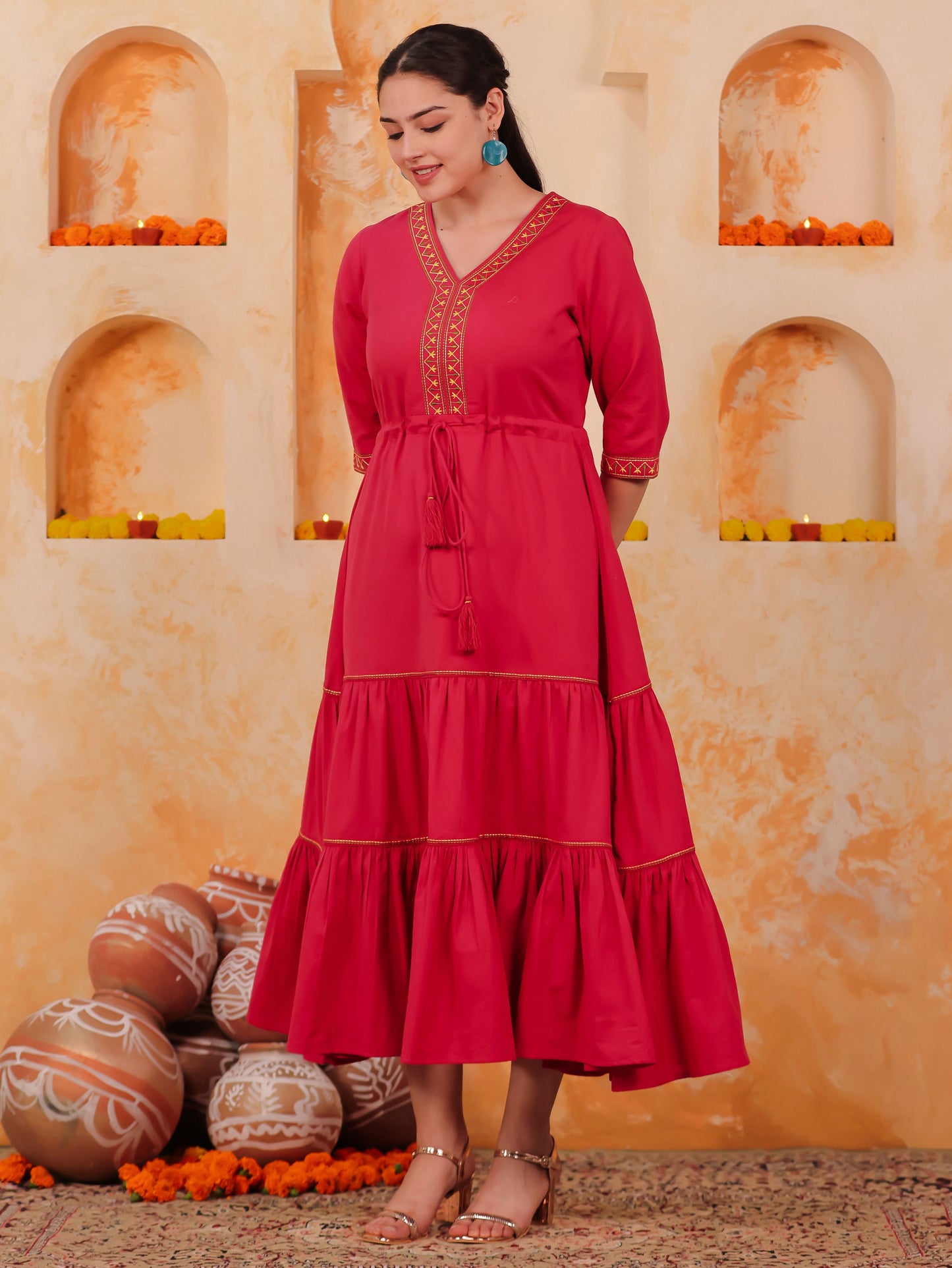 Embroidered Linen Cotton Solid Anarkali Coral Dress