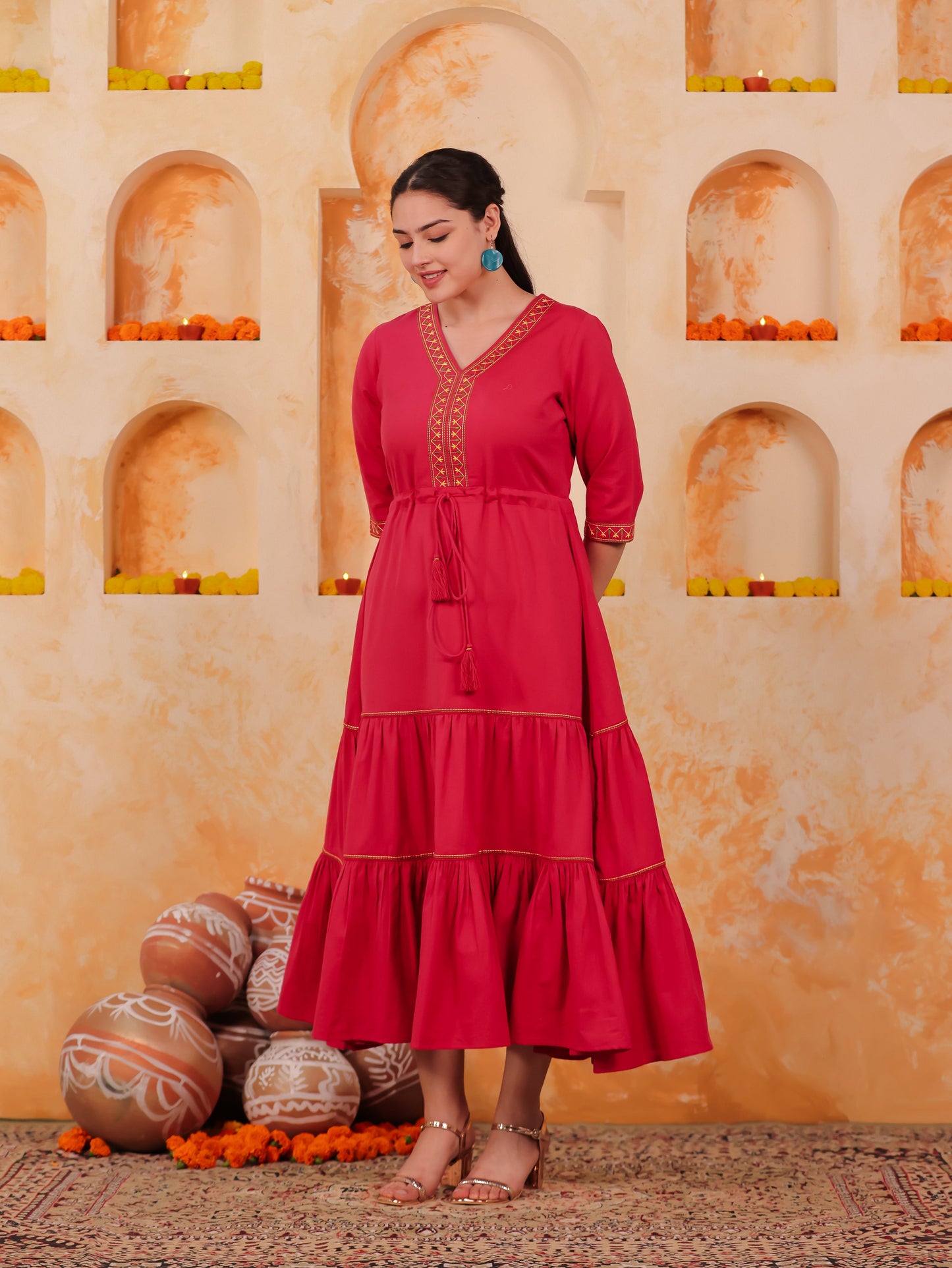 Embroidered Linen Cotton Solid Anarkali Coral Dress