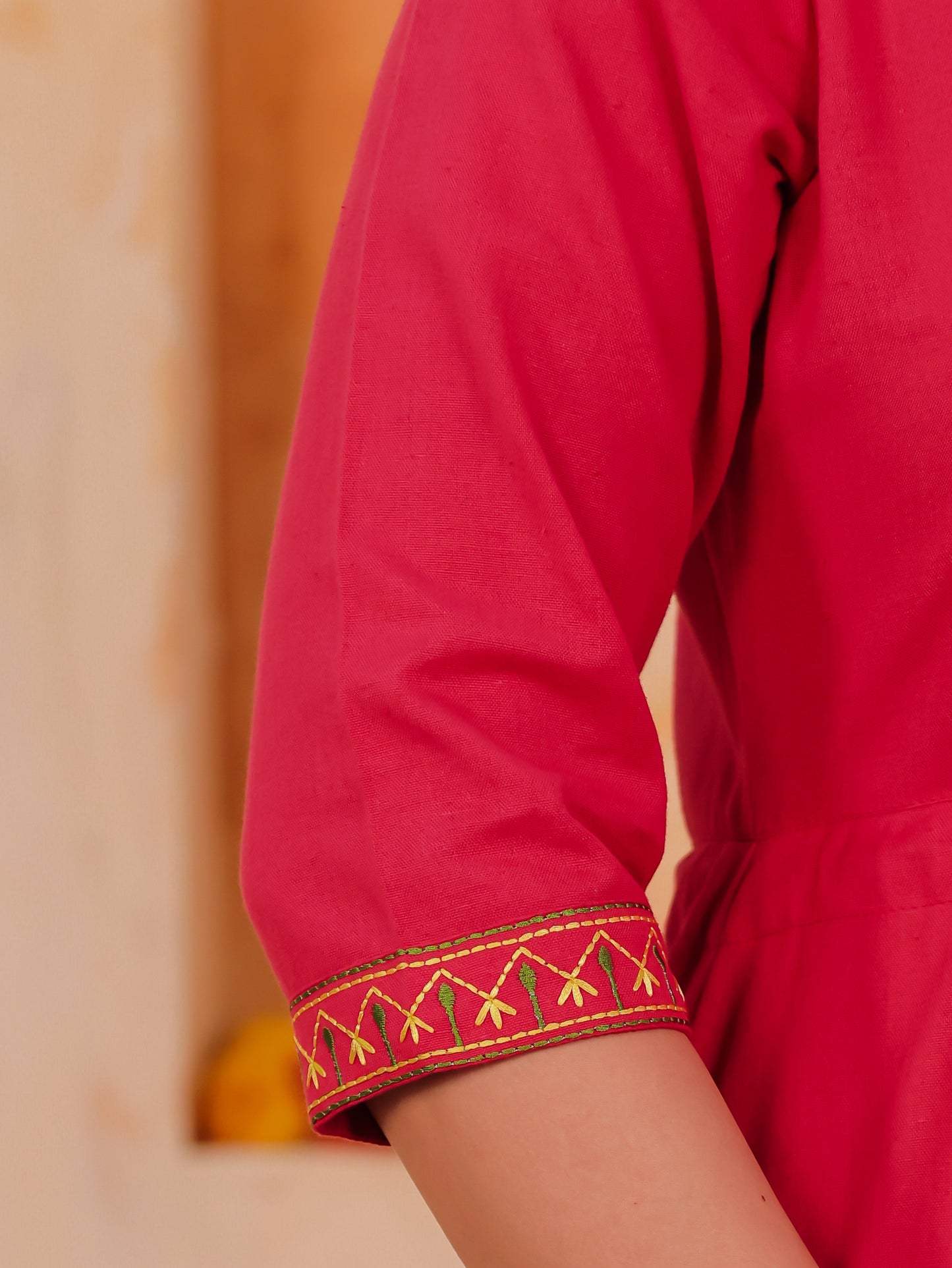 Embroidered Linen Cotton Solid Anarkali Coral Dress