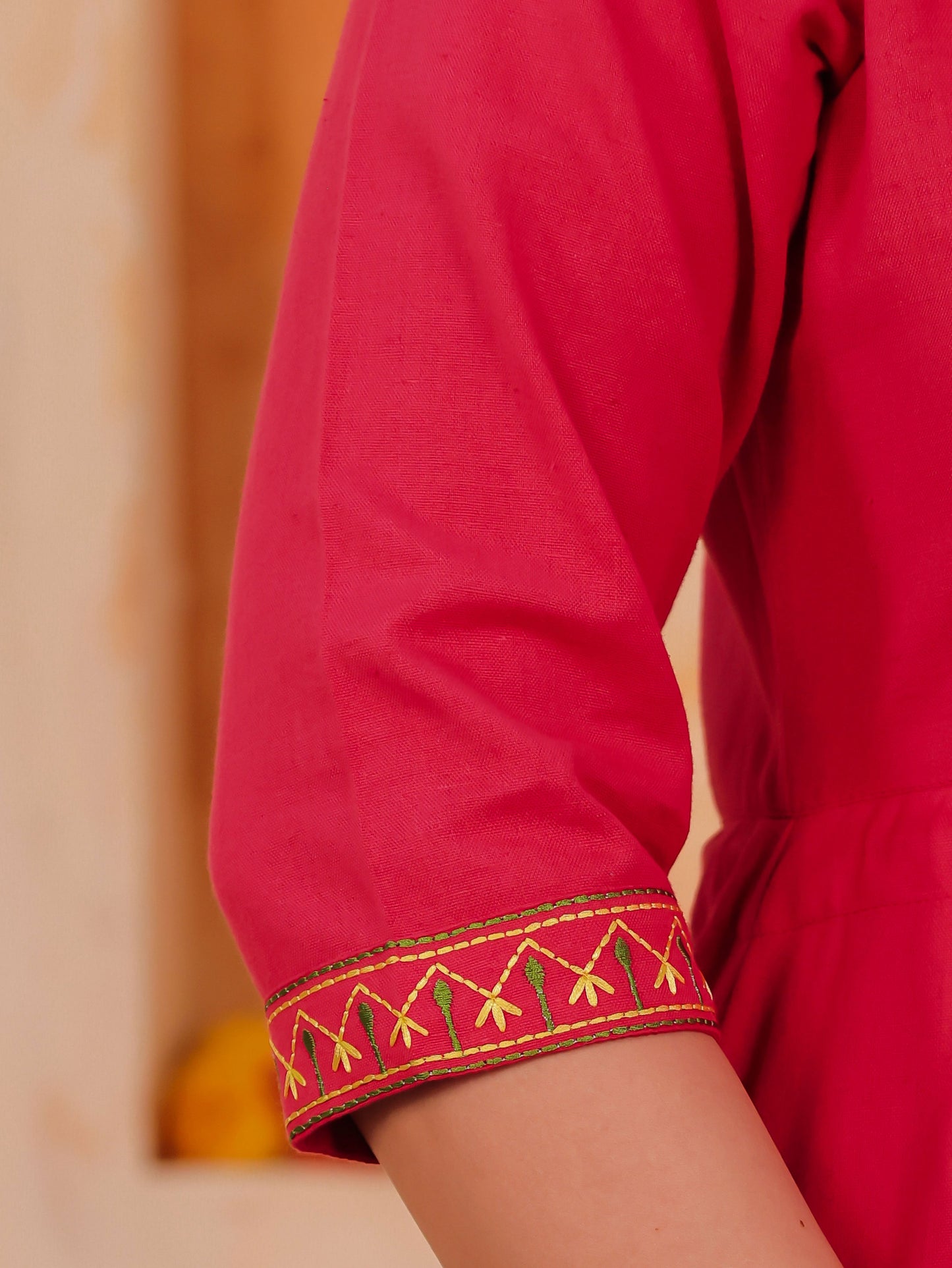 Embroidered Linen Cotton Solid Anarkali Coral Dress