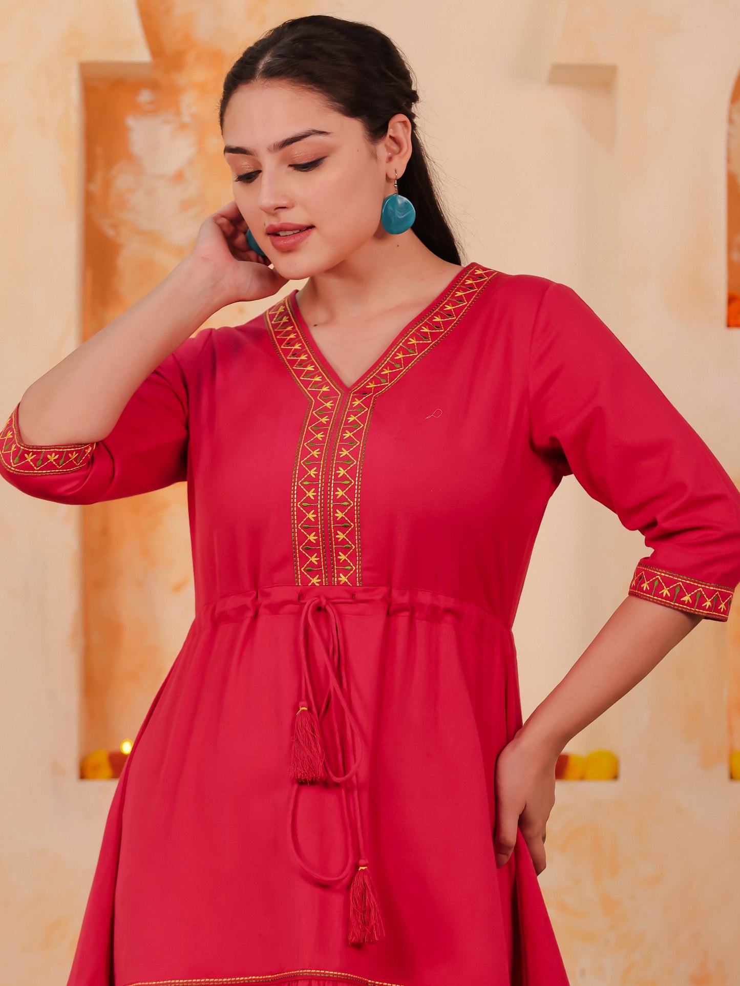 Embroidered Linen Cotton Solid Anarkali Coral Dress