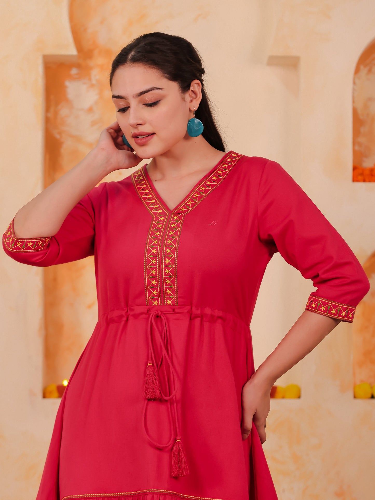 Embroidered Linen Cotton Solid Anarkali Coral Dress