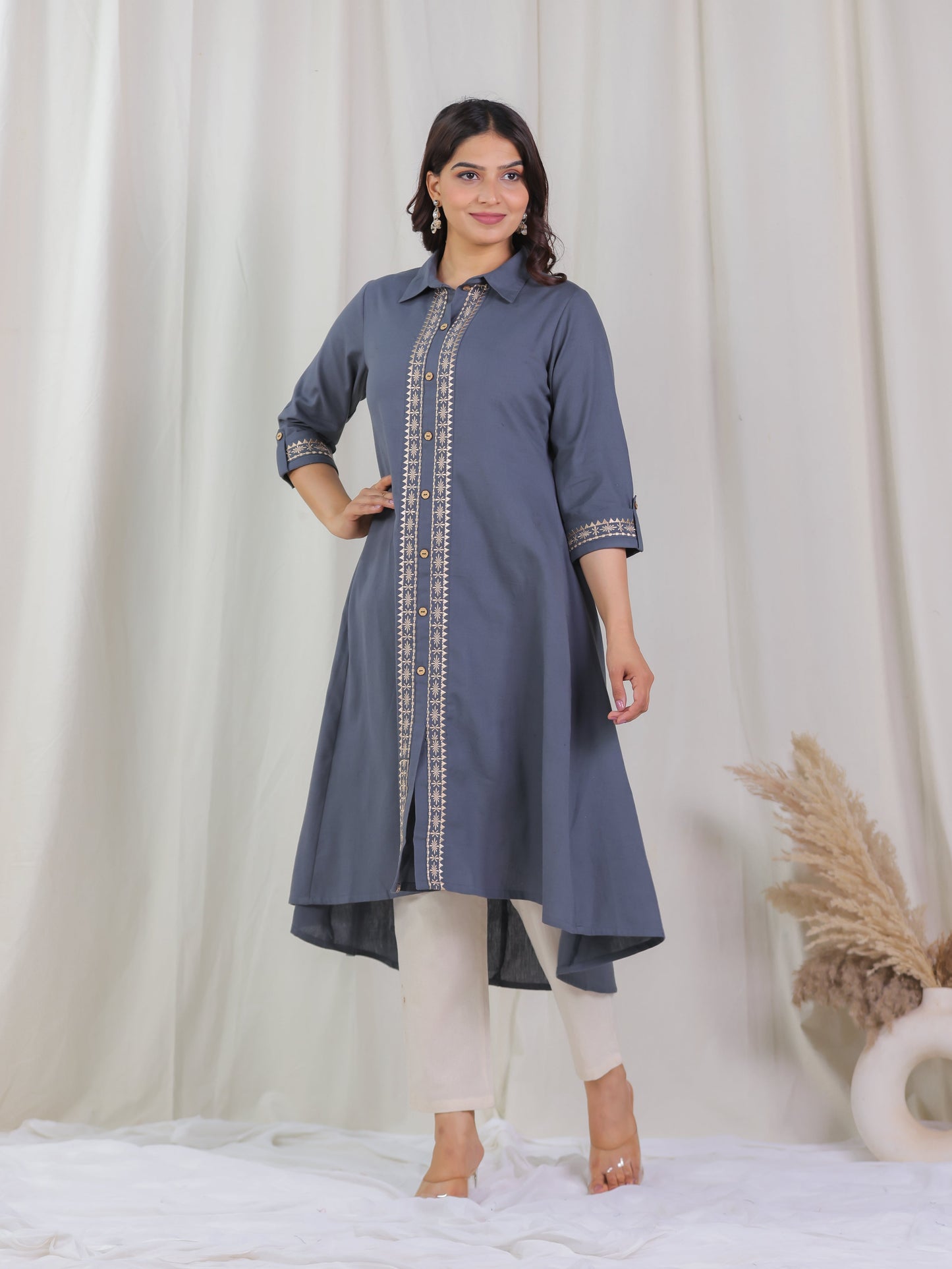 Embroidered Linen Cotton Solid Flared Grey Kurta