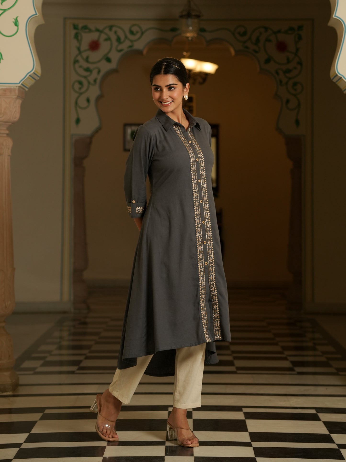 Embroidered Linen Cotton Solid Flared Grey Kurta