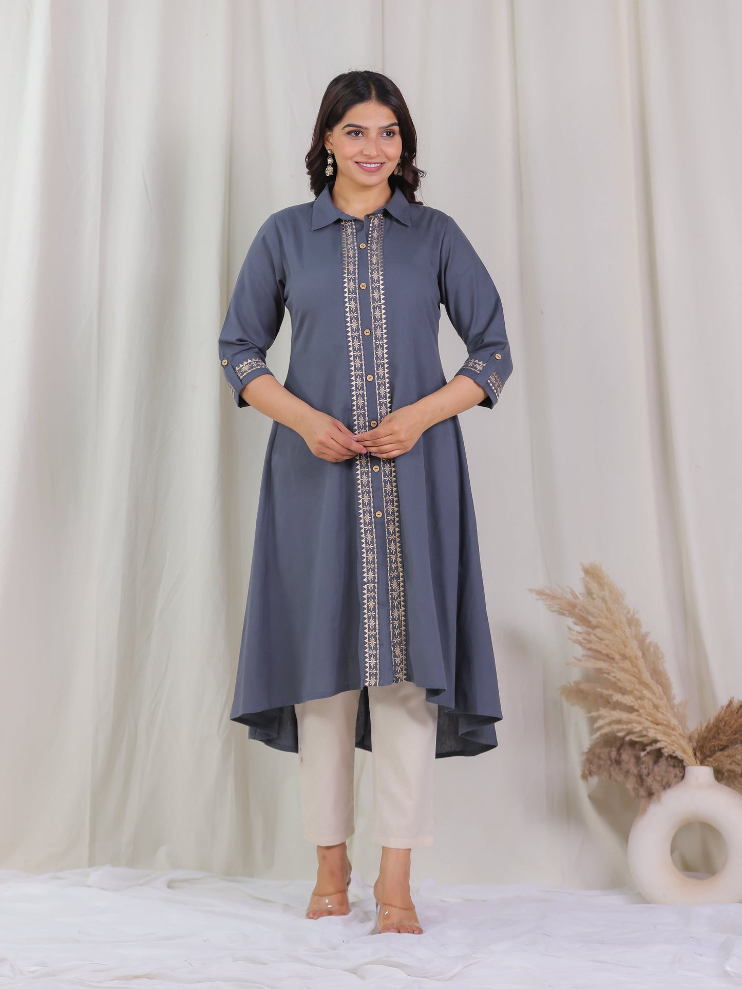 Embroidered Linen Cotton Solid Flared Grey Kurta