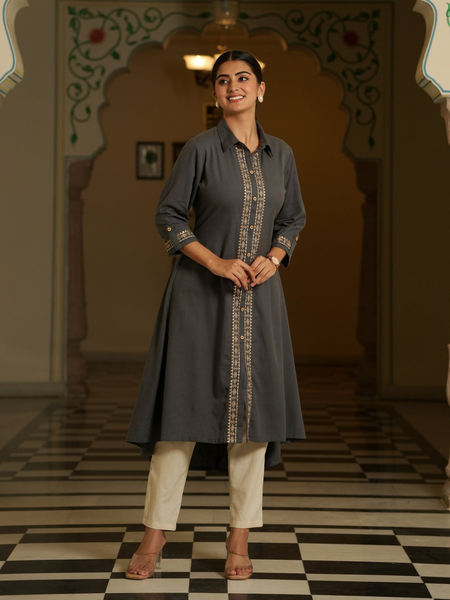 Embroidered Linen Cotton Solid Flared Grey Kurta