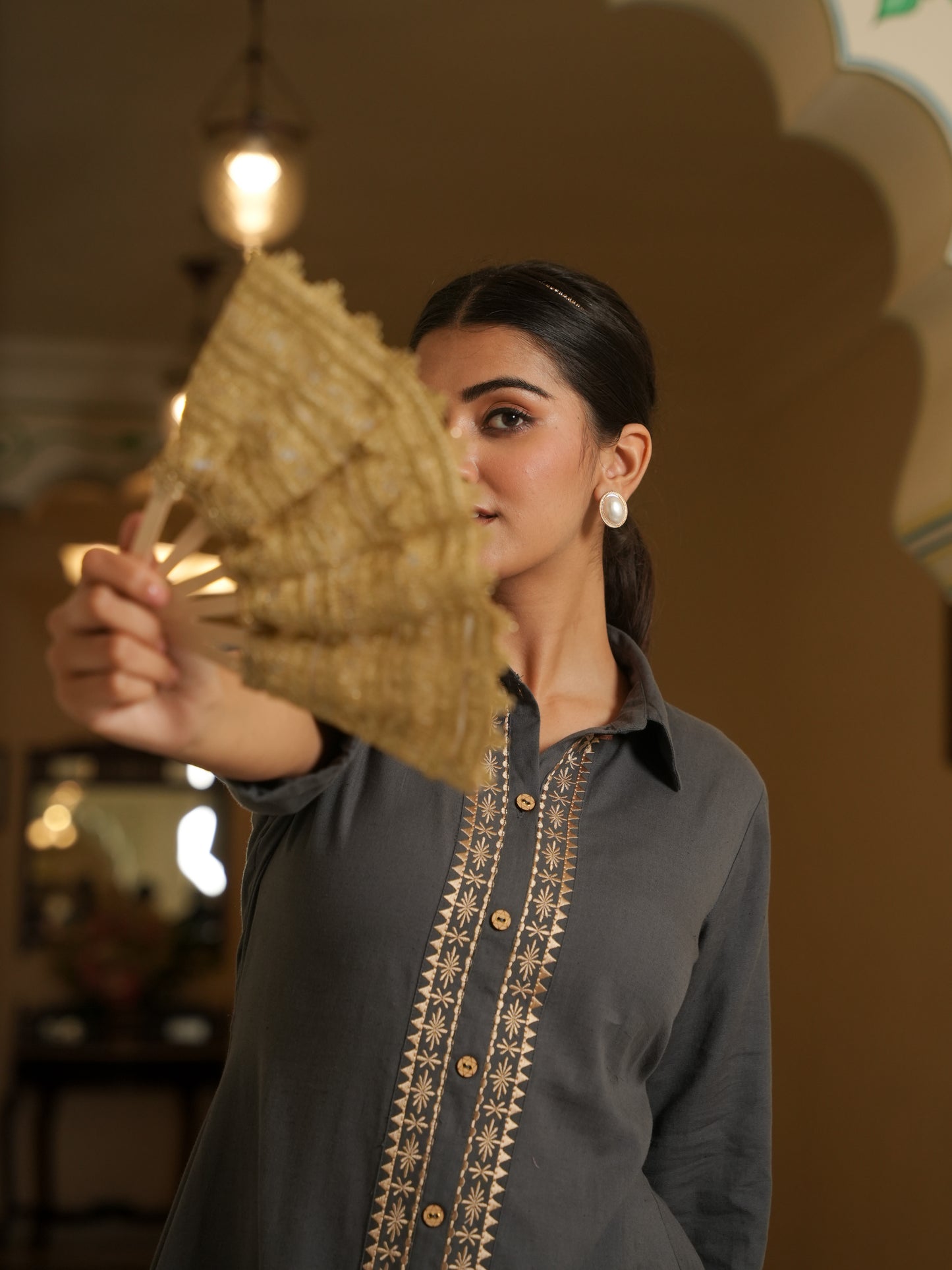 Embroidered Linen Cotton Solid Flared Grey Kurta