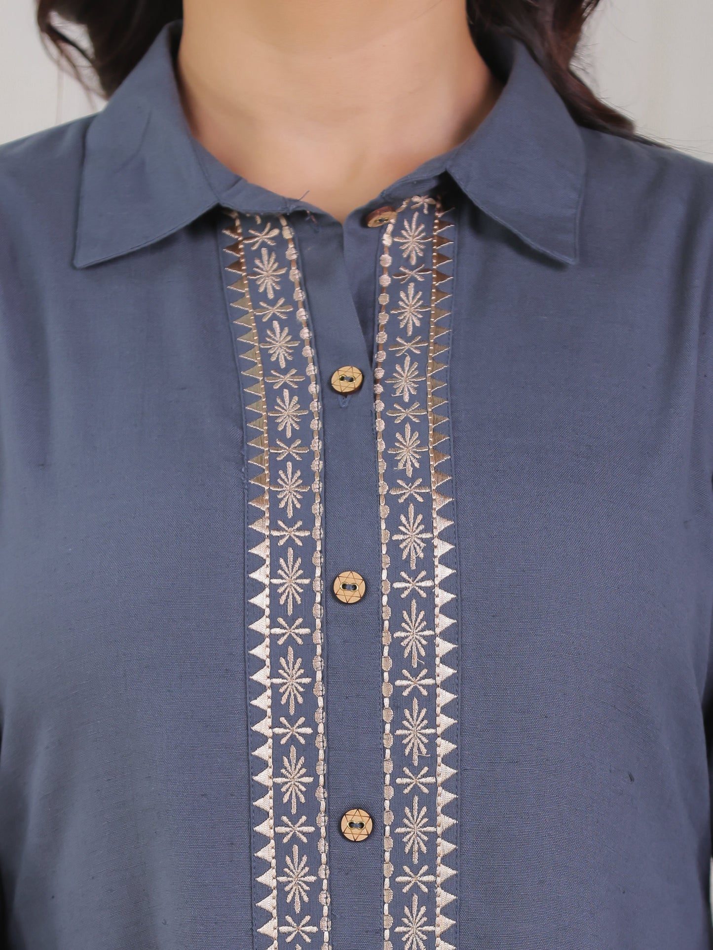 Embroidered Linen Cotton Solid Flared Grey Kurta