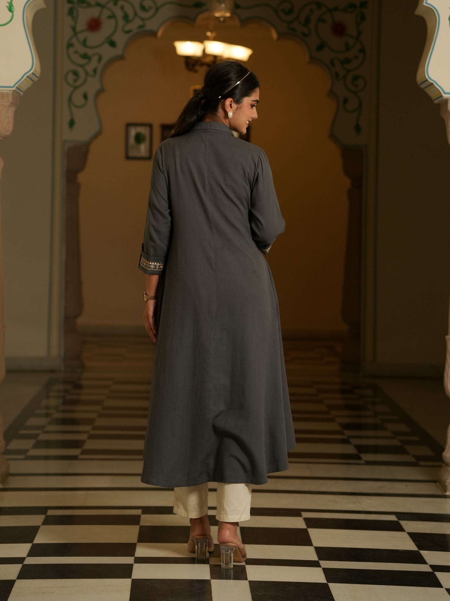 Embroidered Linen Cotton Solid Flared Grey Kurta