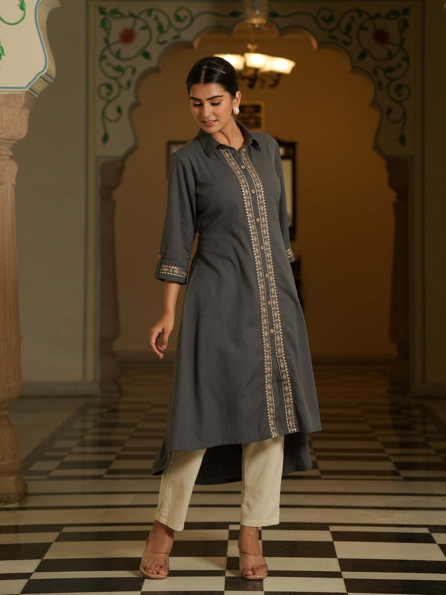 Embroidered Linen Cotton Solid Flared Grey Kurta