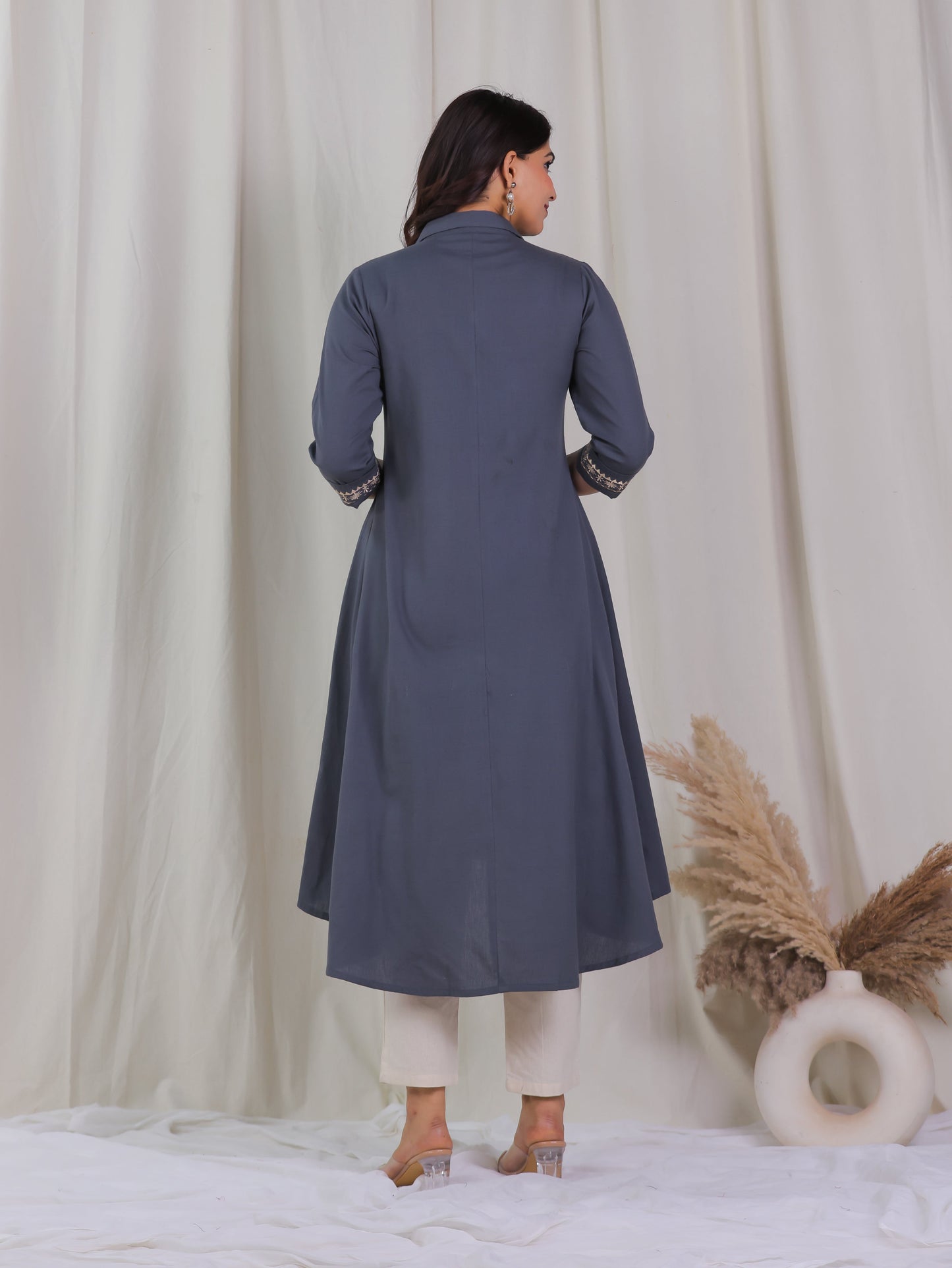 Embroidered Linen Cotton Solid Flared Grey Kurta