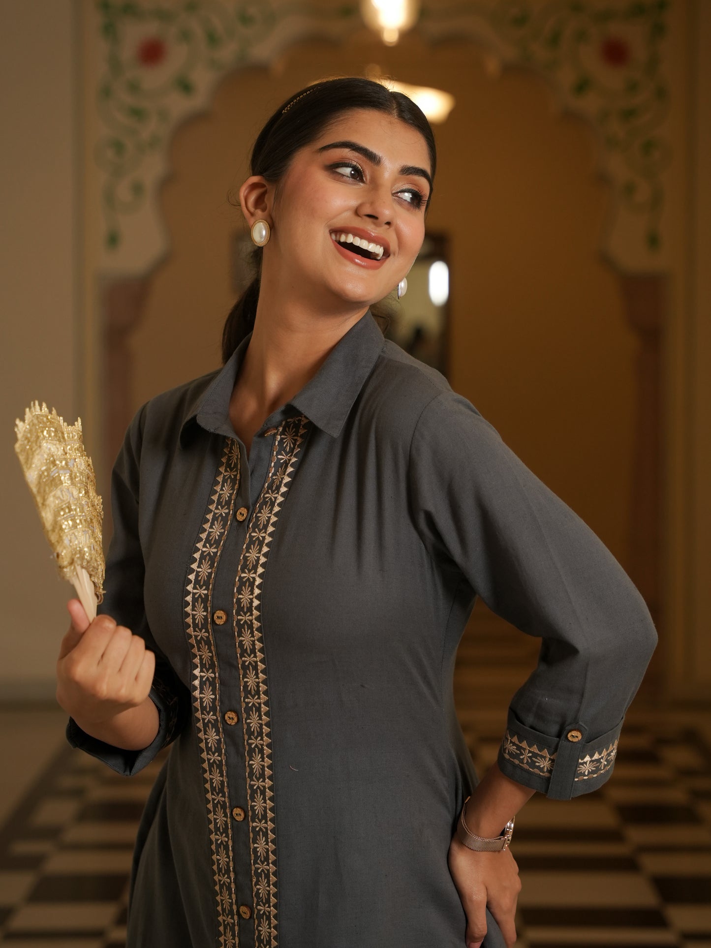 Embroidered Linen Cotton Solid Flared Grey Kurta