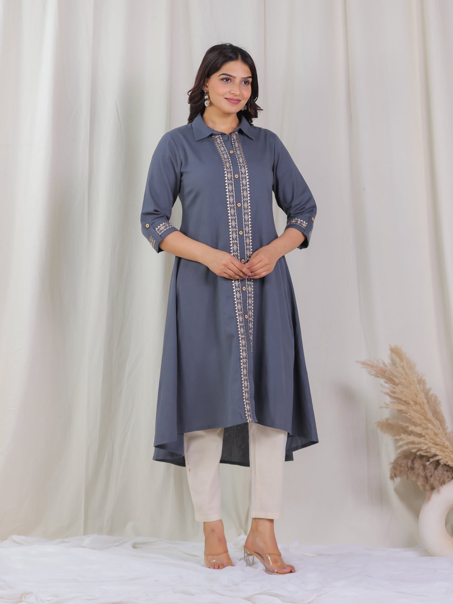 Embroidered Linen Cotton Solid Flared Grey Kurta