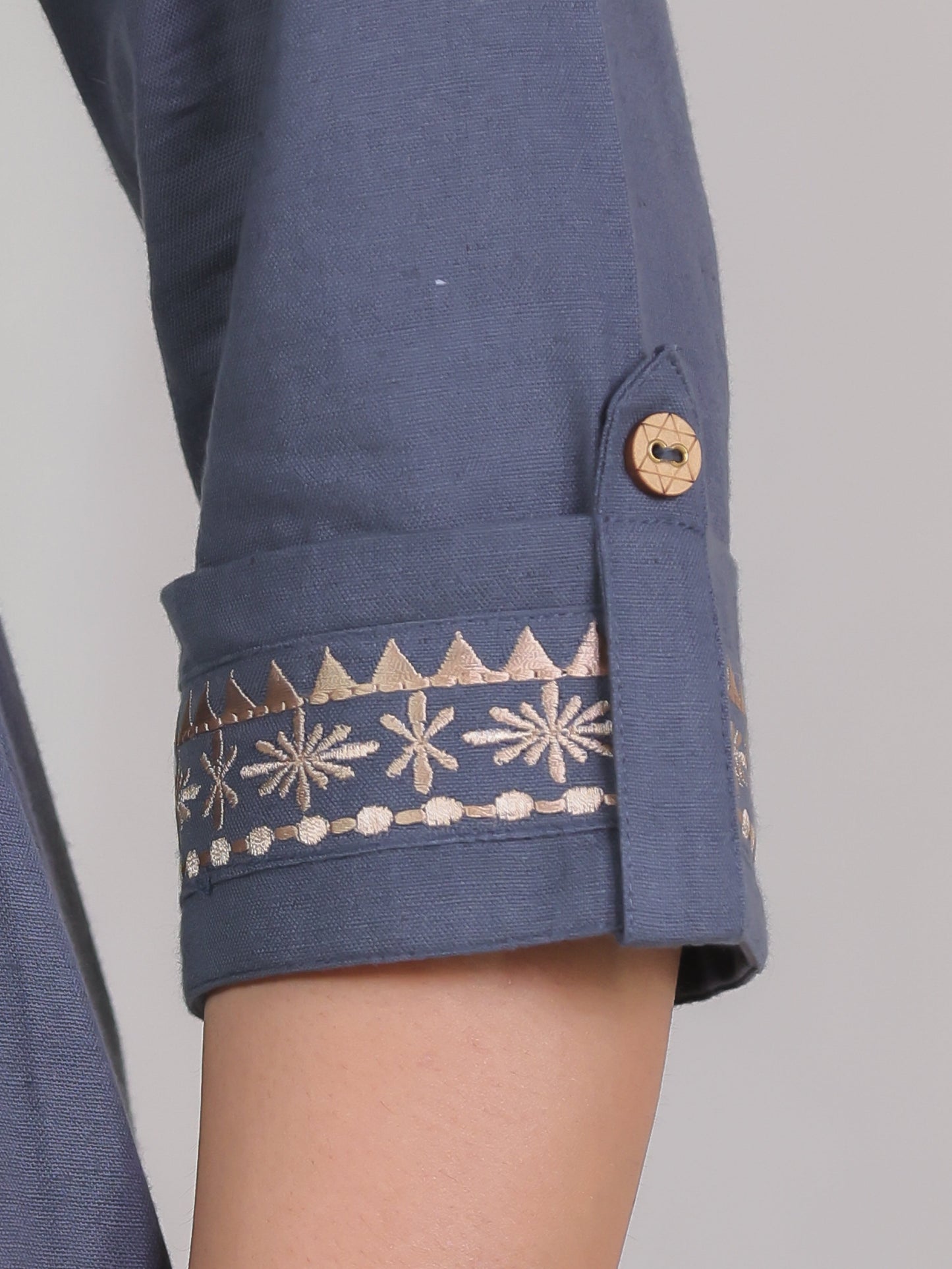 Embroidered Linen Cotton Solid Flared Grey Kurta