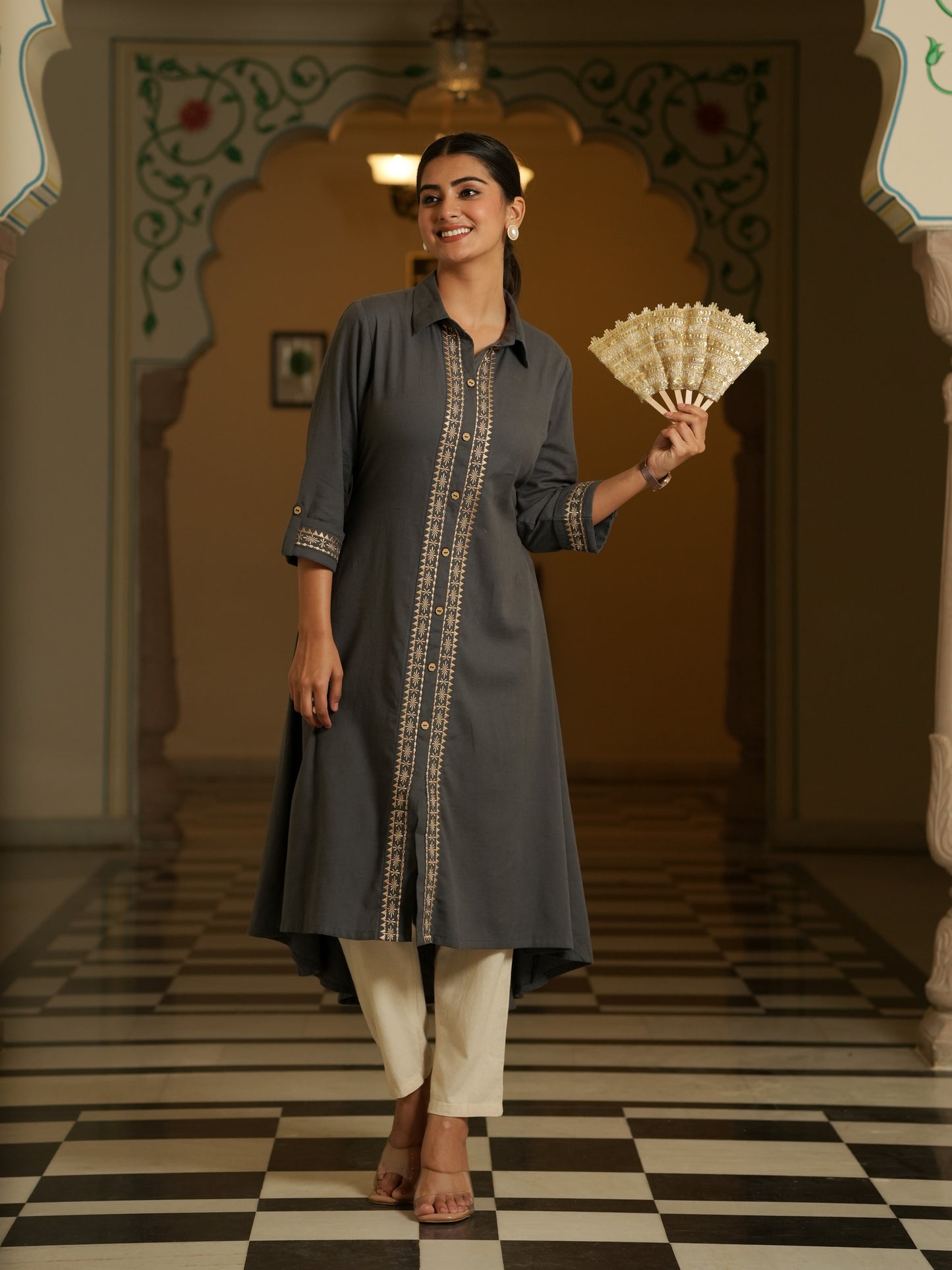 Embroidered Linen Cotton Solid Flared Grey Kurta
