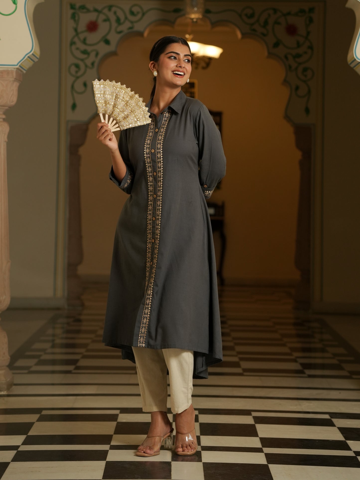 Embroidered Linen Cotton Solid Flared Grey Kurta