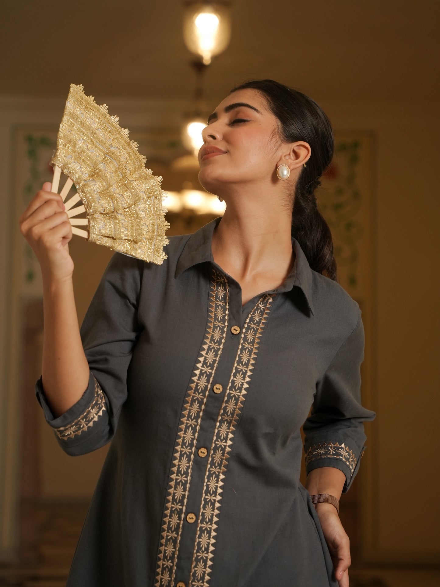 Embroidered Linen Cotton Solid Flared Grey Kurta