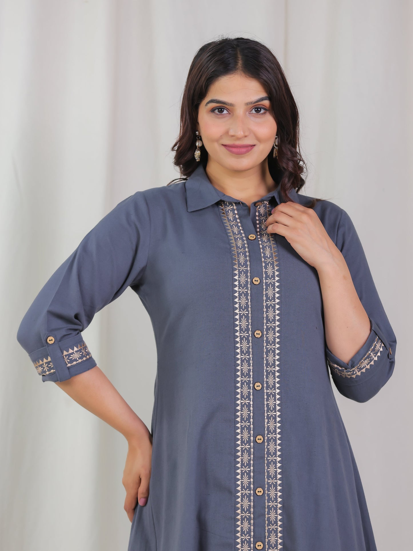 Embroidered Linen Cotton Solid Flared Grey Kurta