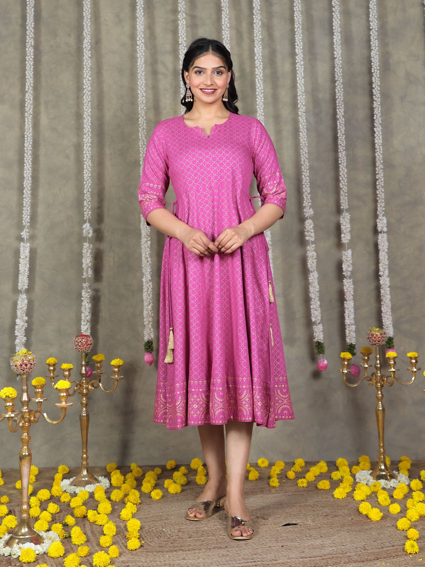 Viscose Gold foil Anarkali Pink Dress