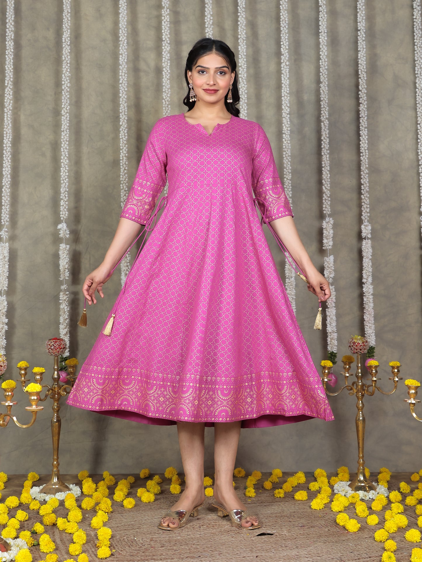Viscose Gold foil Anarkali Pink Dress