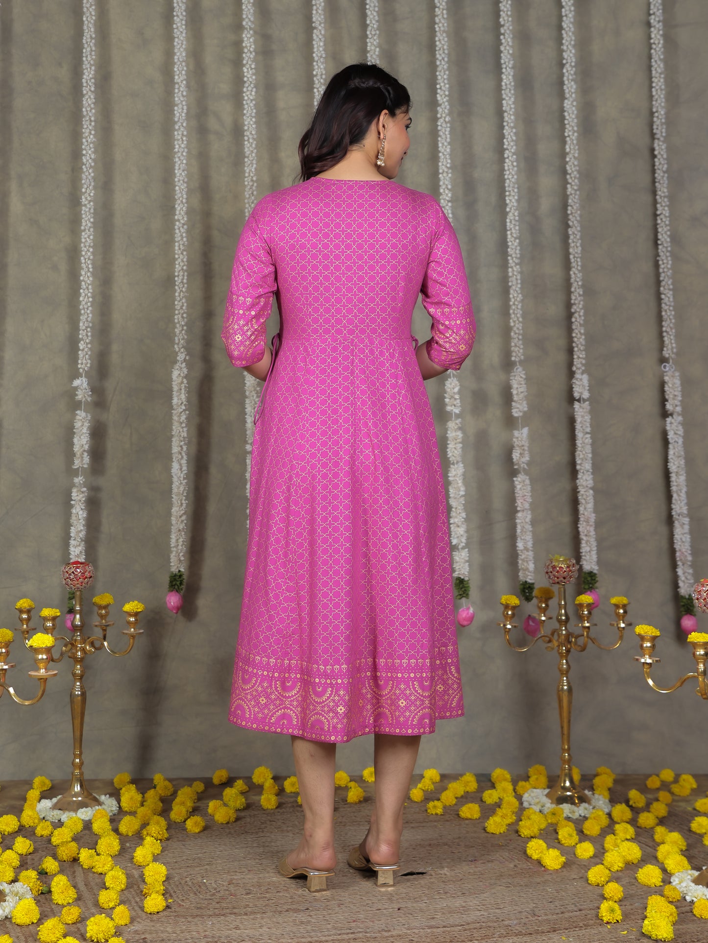 Viscose Gold foil Anarkali Pink Dress