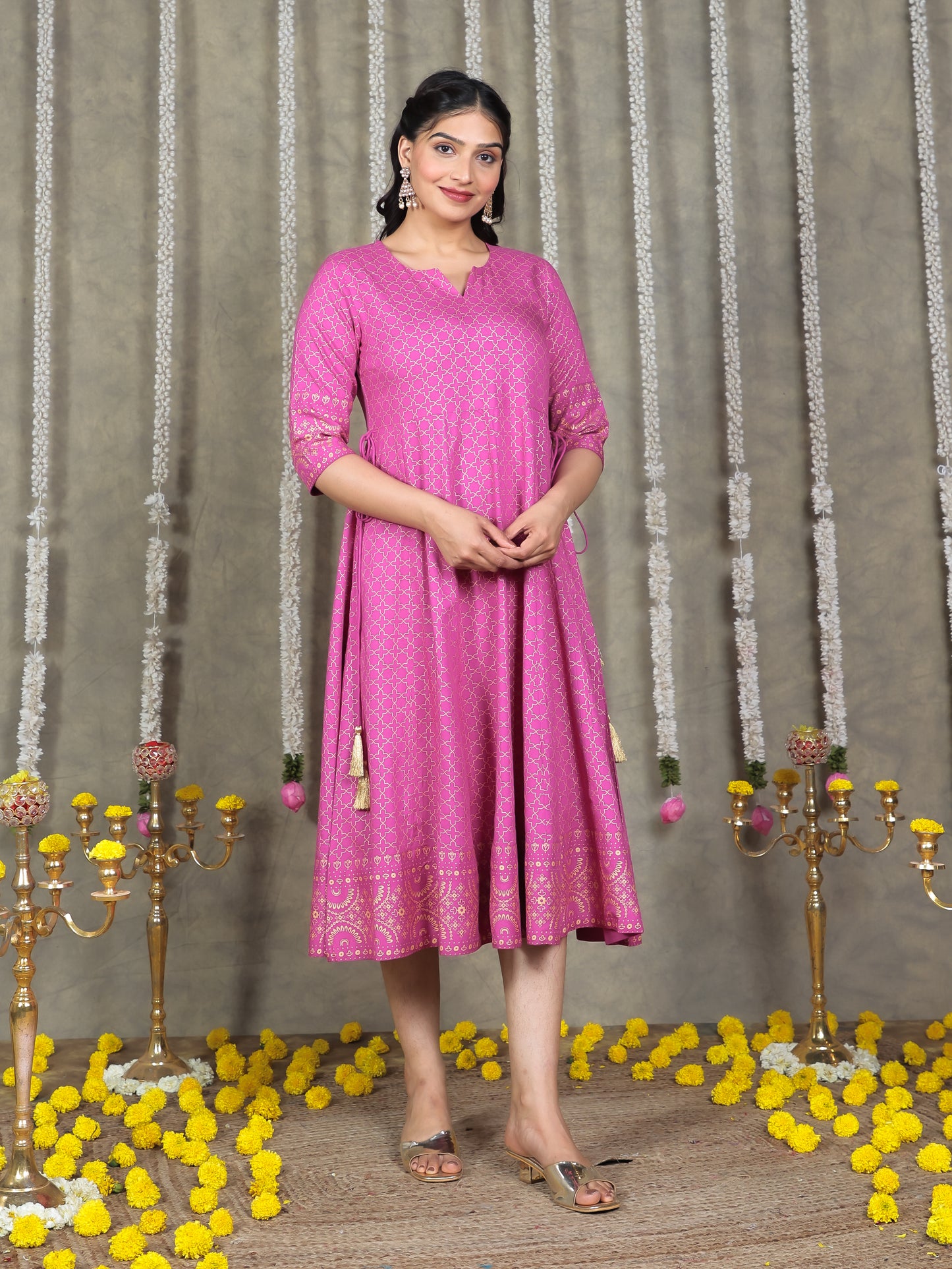 Viscose Gold foil Anarkali Pink Dress