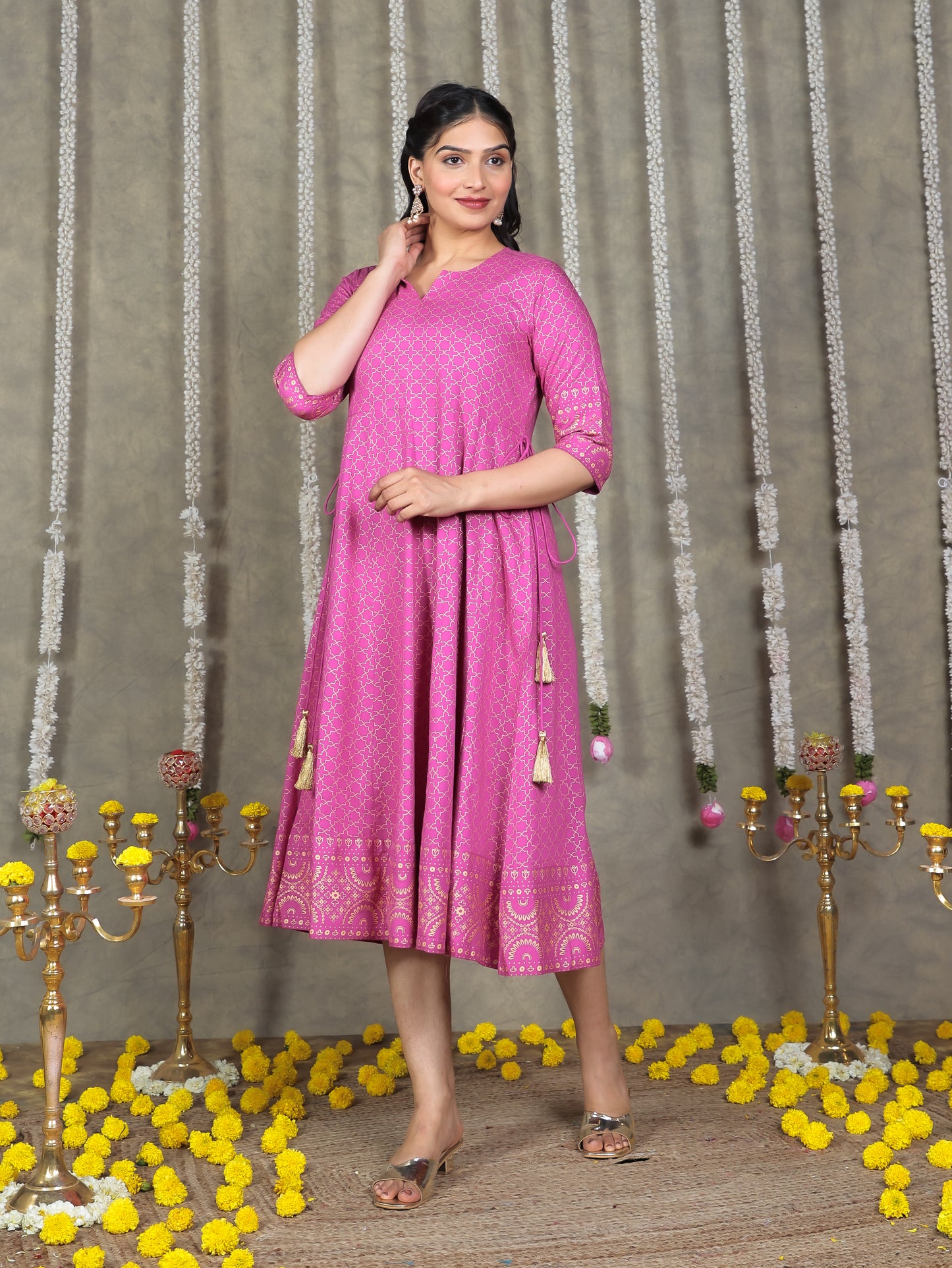 Viscose Gold foil Anarkali Pink Dress