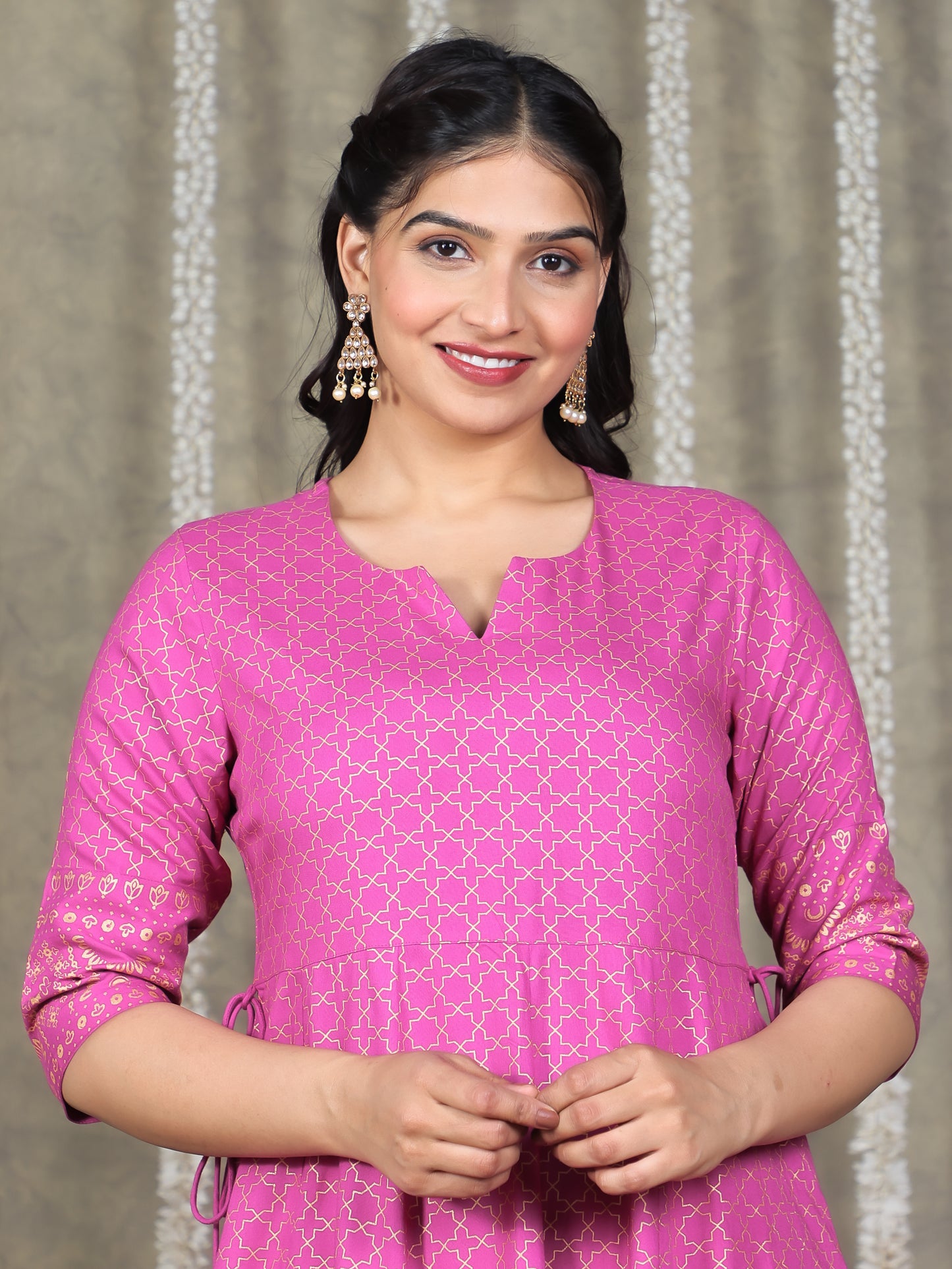 Viscose Gold foil Anarkali Pink Dress