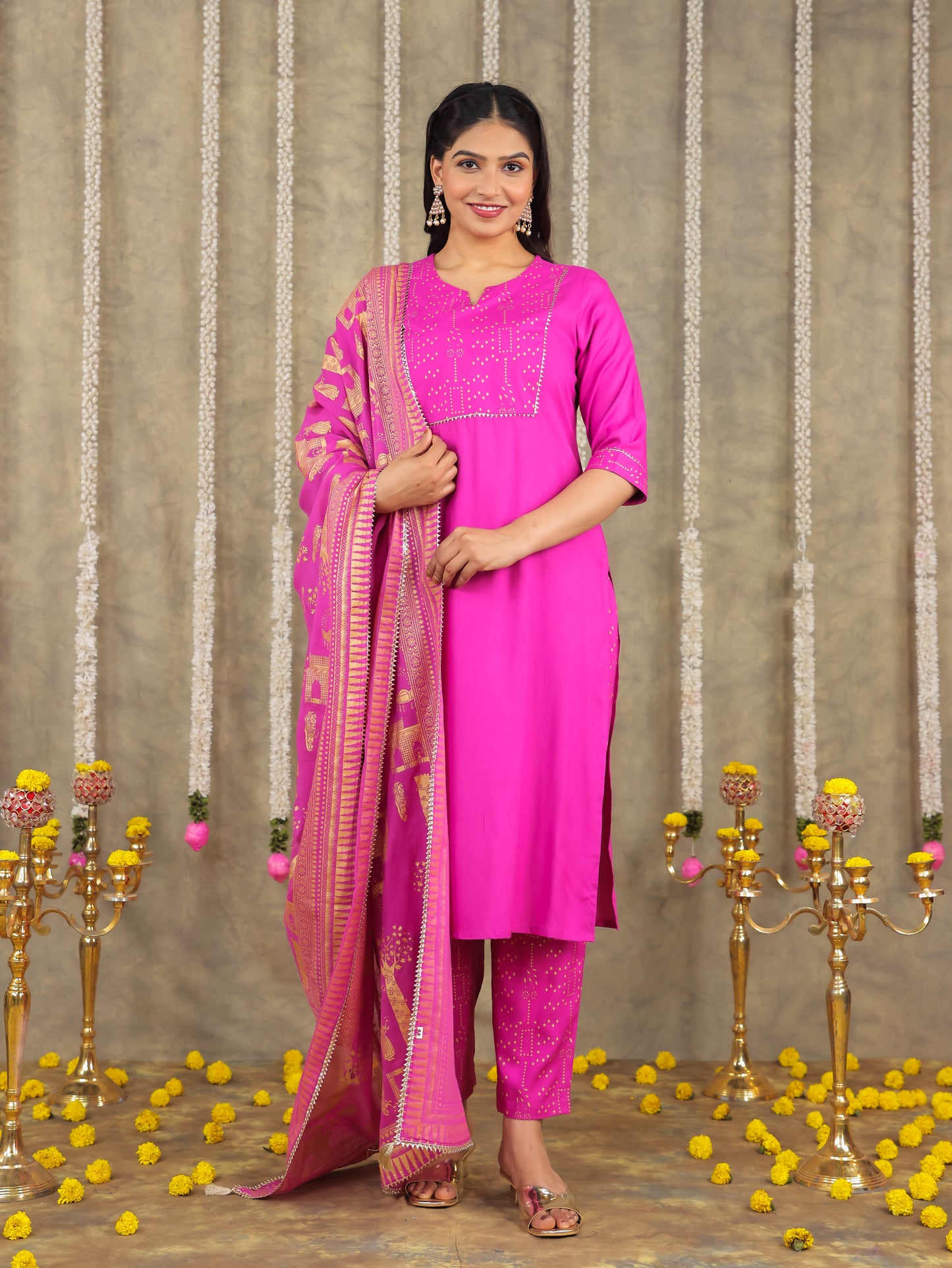 Cotton Voile Gold foil Pink Dupatta