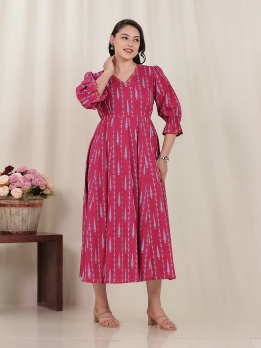 Embroidered Soft Cotton Floral Anarkali Pink Dress