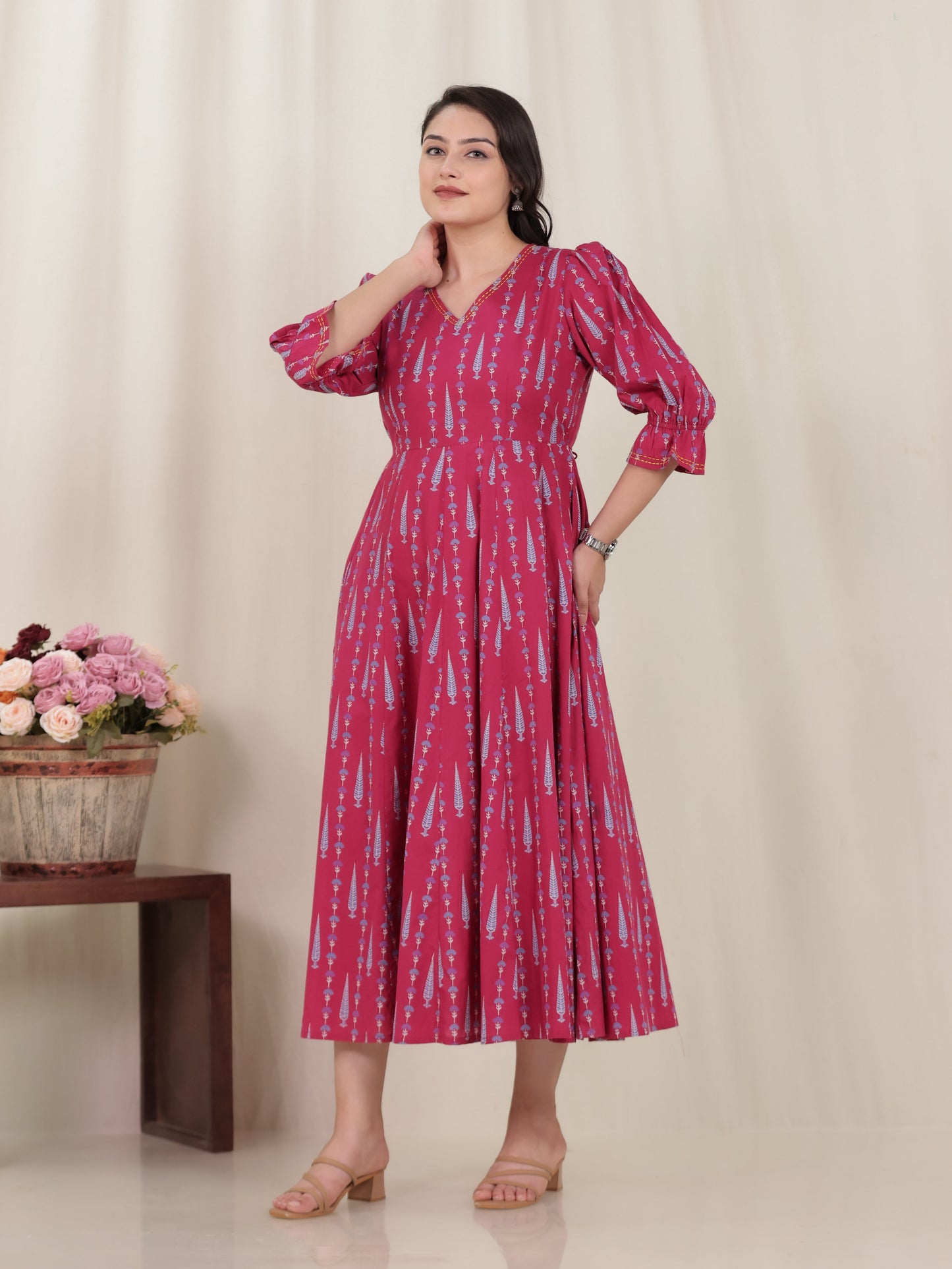 Embroidered Soft Cotton Floral Anarkali Pink Dress