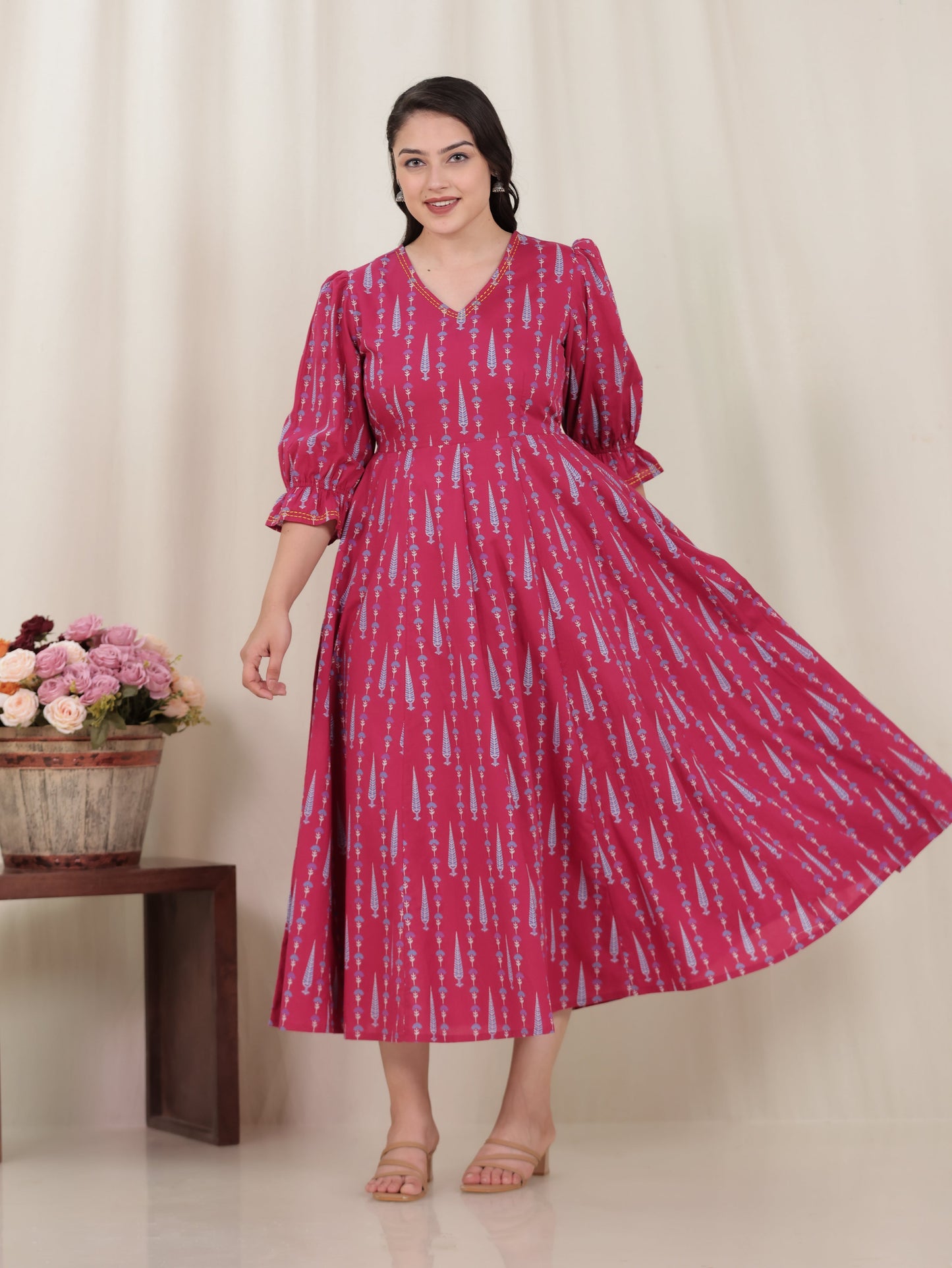 Embroidered Soft Cotton Floral Anarkali Pink Dress