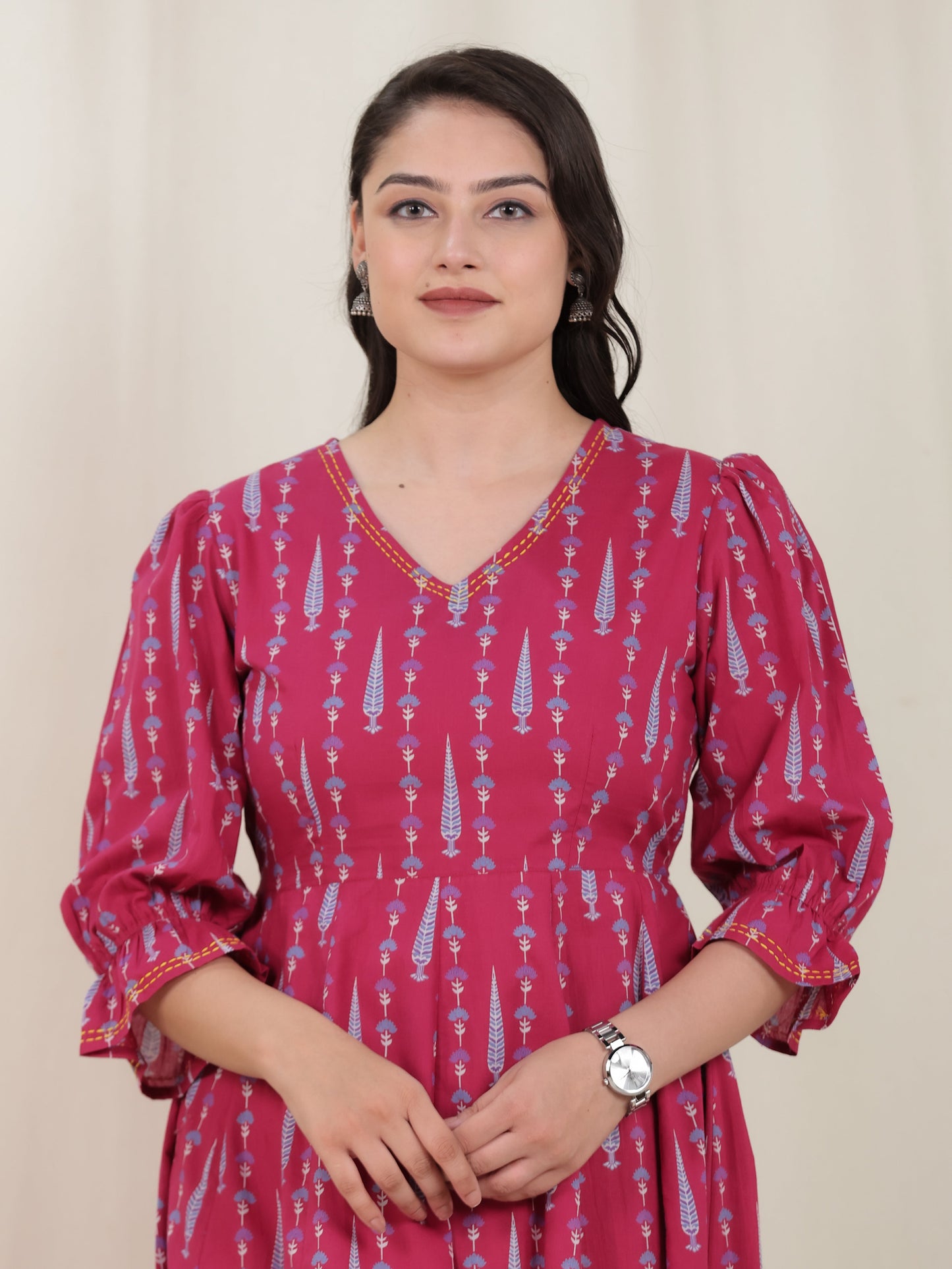Embroidered Soft Cotton Floral Anarkali Pink Dress